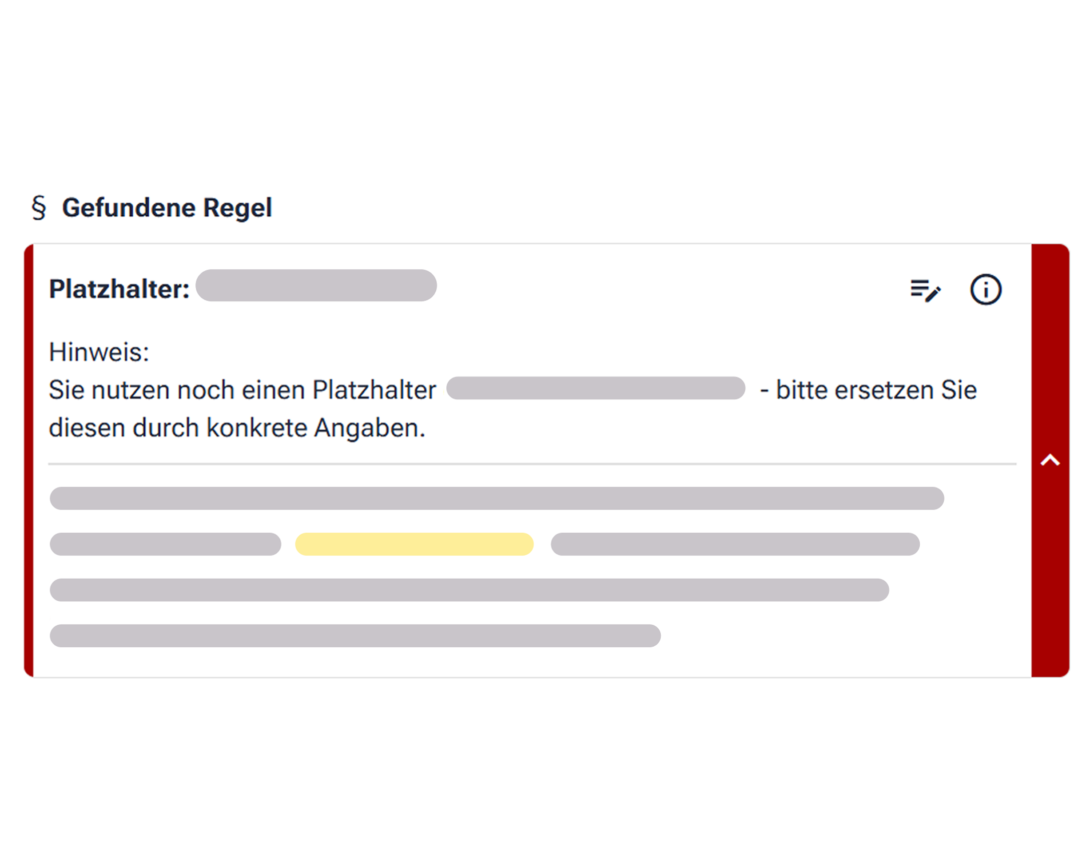 Regelkarte mit der Bezeichnung Platzhalter und einem Hinweis, die fehlende Angabe im Text zu ersetzen