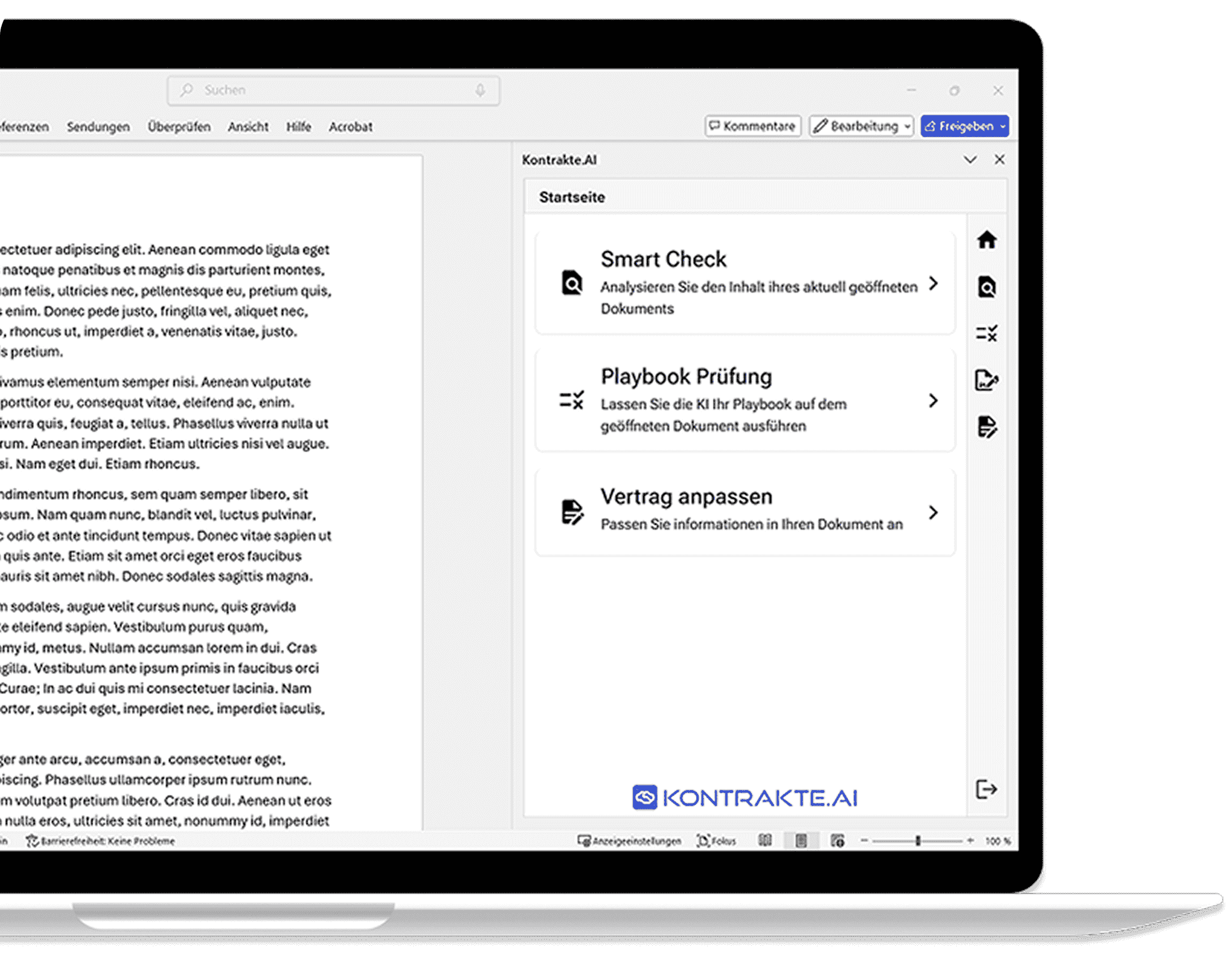 Laptop mit geöffnetem Word-Dokument und eingeblendetem Kontrakte.AI-Seitenpanel mit den Optionen Smart Check, Playbook Prüfung und Vertrag anpassen
