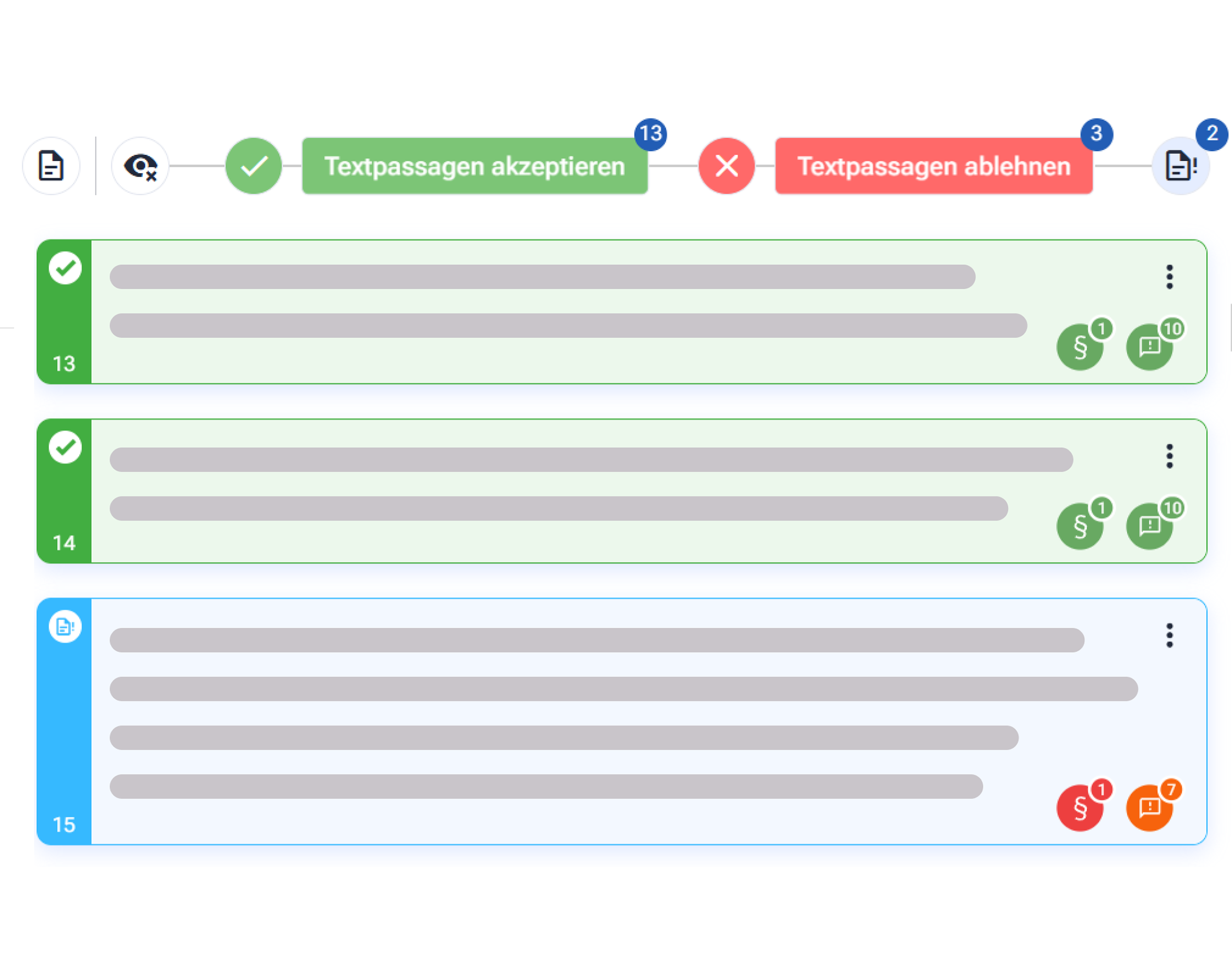 Aktionsleiste mit Sammelbuttons zum Akzeptieren oder Ablehnen mehrerer Textpassagen und farblich gruppierter Trefferliste