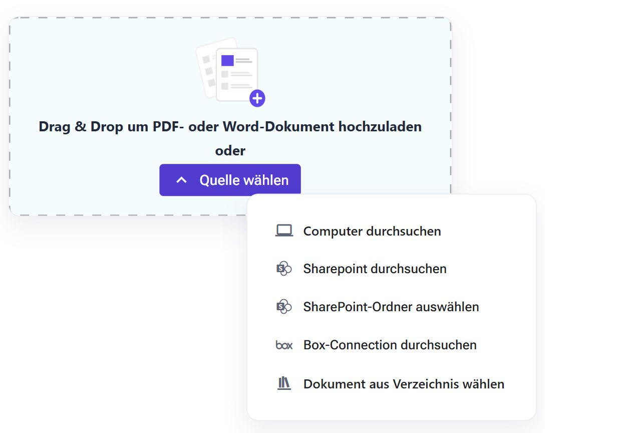 Dokumentimport mit geöffnetem Quellenmenü – echte Desktopaufnahme mit fiktiven Demodaten