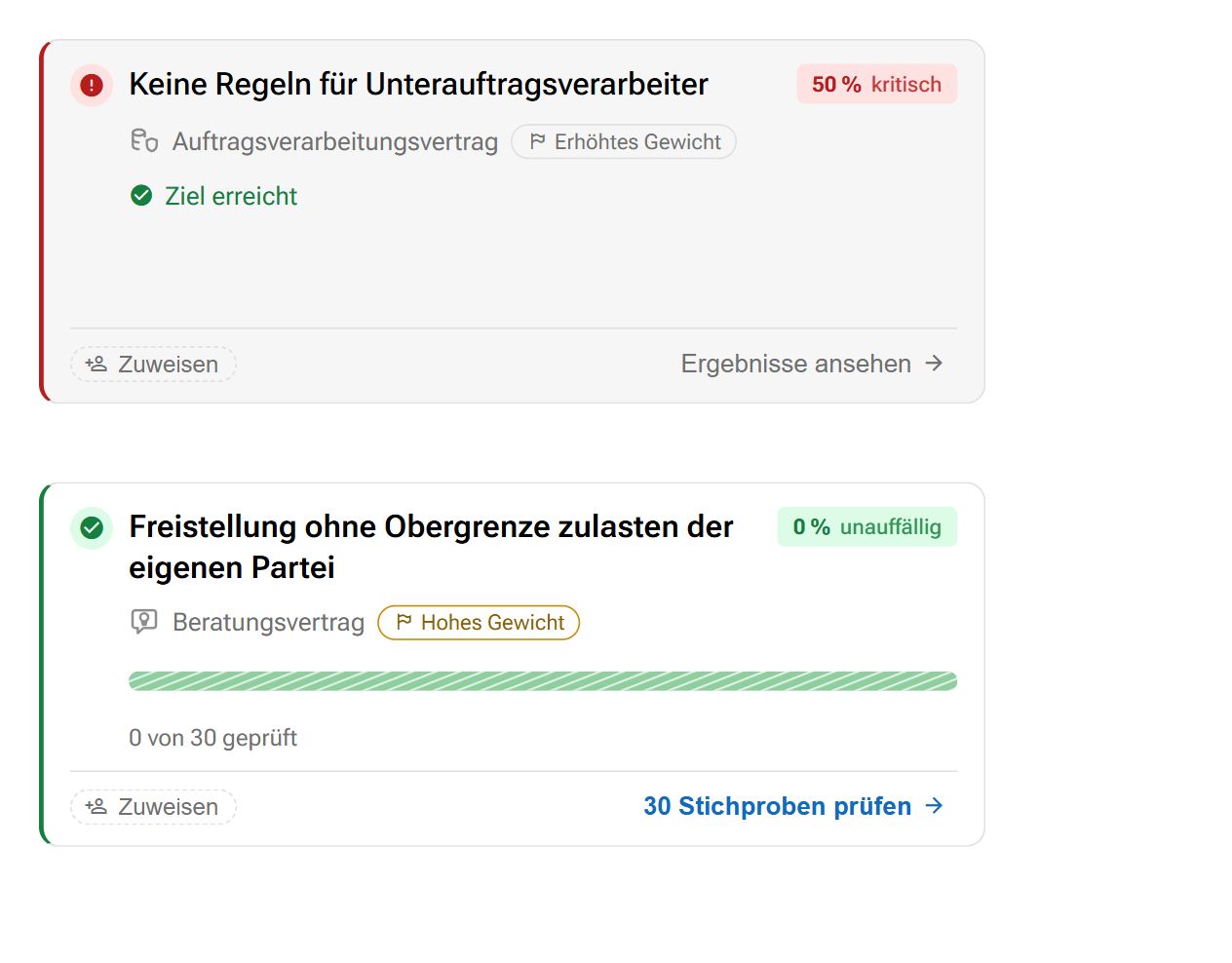 Review-Arbeitspakete mit erreichtem Prüfziel und offener Stichprobe – echte Desktopaufnahme mit fiktiven Demodaten