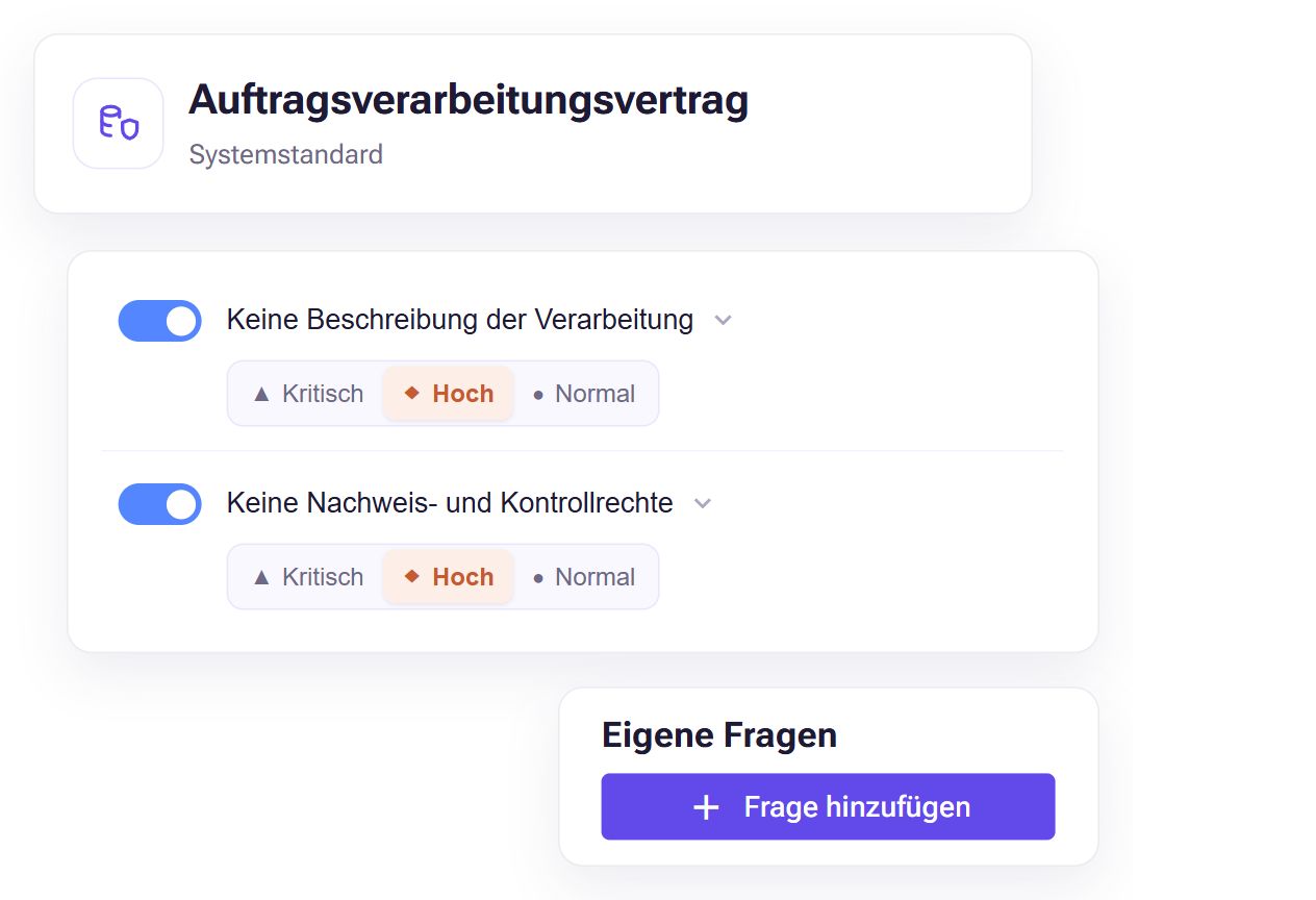 Eigene Fragen ergänzen und hinterlegte Prüfkriterien gewichten – echte Detailaufnahmen des Prüfstandards