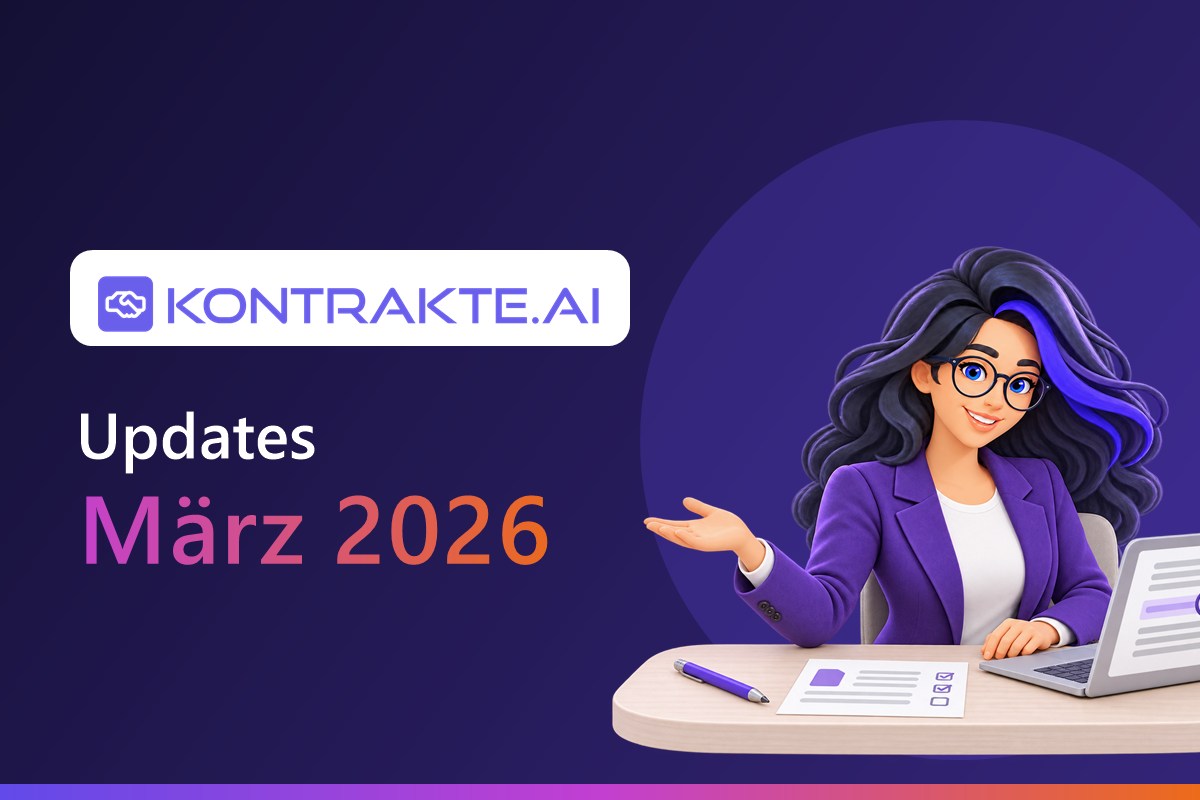 Grafik mit dem Kontrakte.AI-Logo und dem Schriftzug „Updates März 2026“, daneben der Avatar Konny am Schreibtisch mit Laptop
