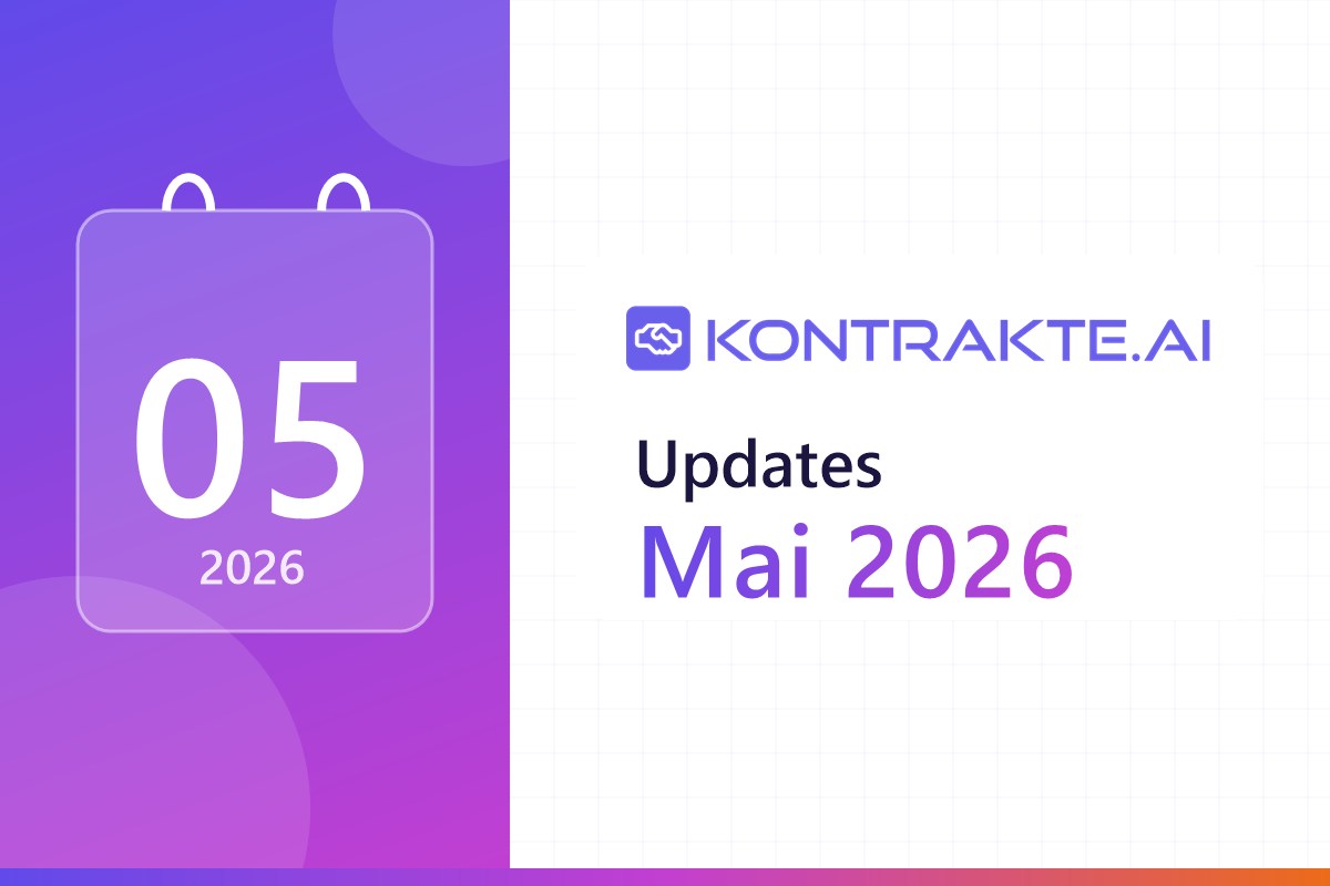 Grafik mit dem Kontrakte.AI-Logo und dem Schriftzug „Updates Mai 2026“, daneben ein Kalenderblatt mit „05“ und „2026“