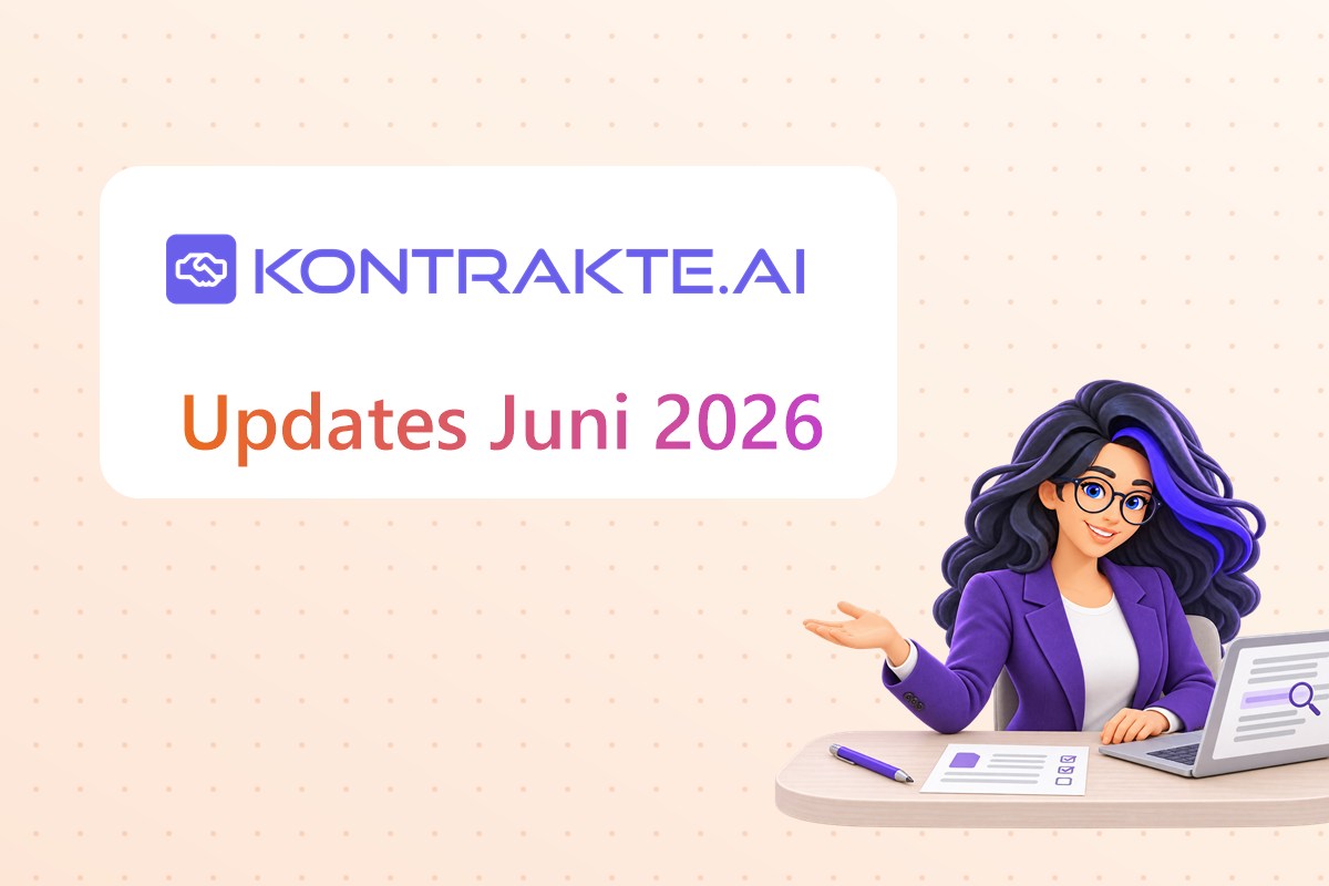 Grafik mit dem Kontrakte.AI-Logo und dem Schriftzug „Updates Juni 2026“, daneben der Avatar Konny am Schreibtisch mit Laptop