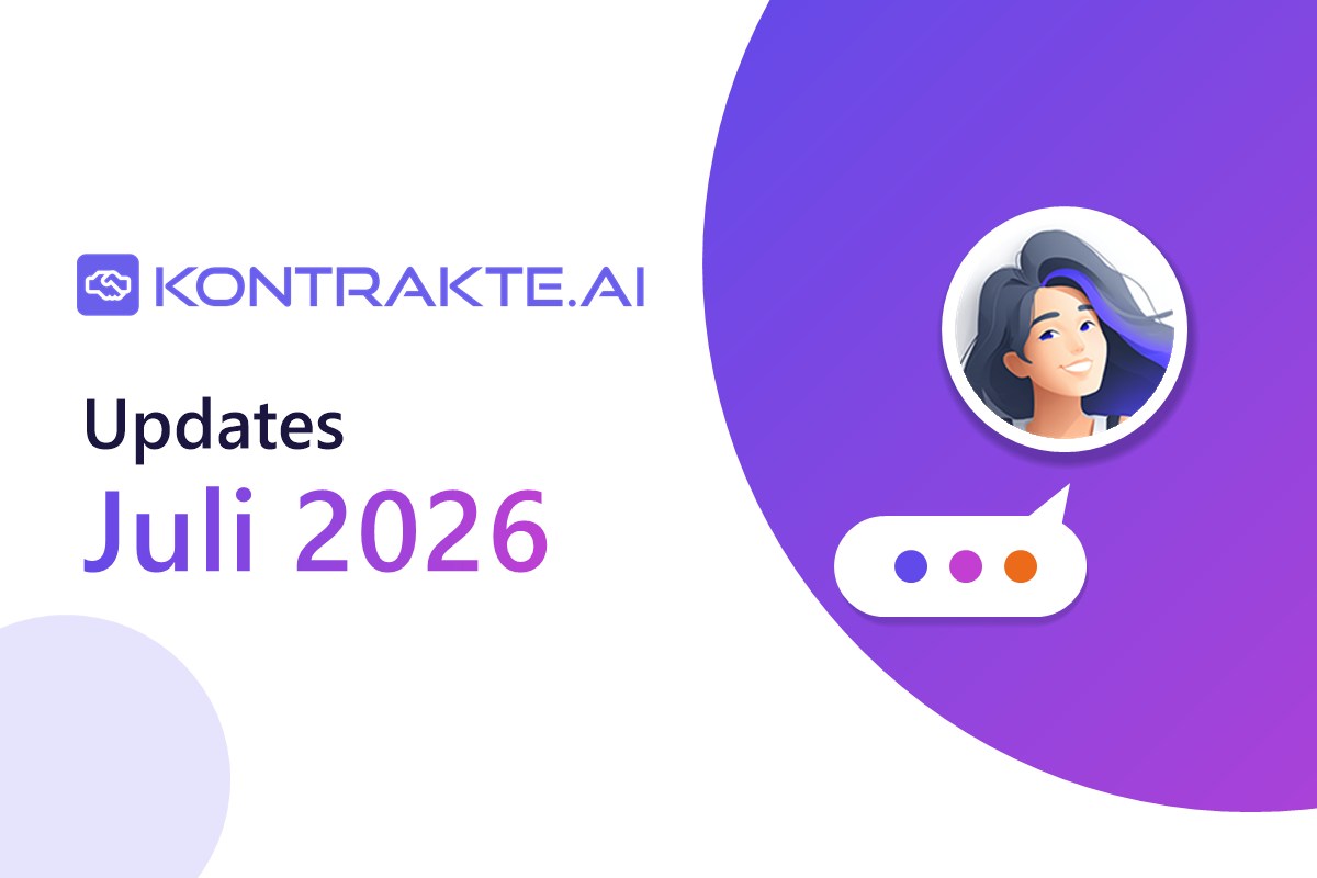 Grafik mit dem Kontrakte.AI-Logo und dem Schriftzug „Updates Juli 2026“, daneben das Chat-Avatarbild von Konny mit einer Sprechblase
