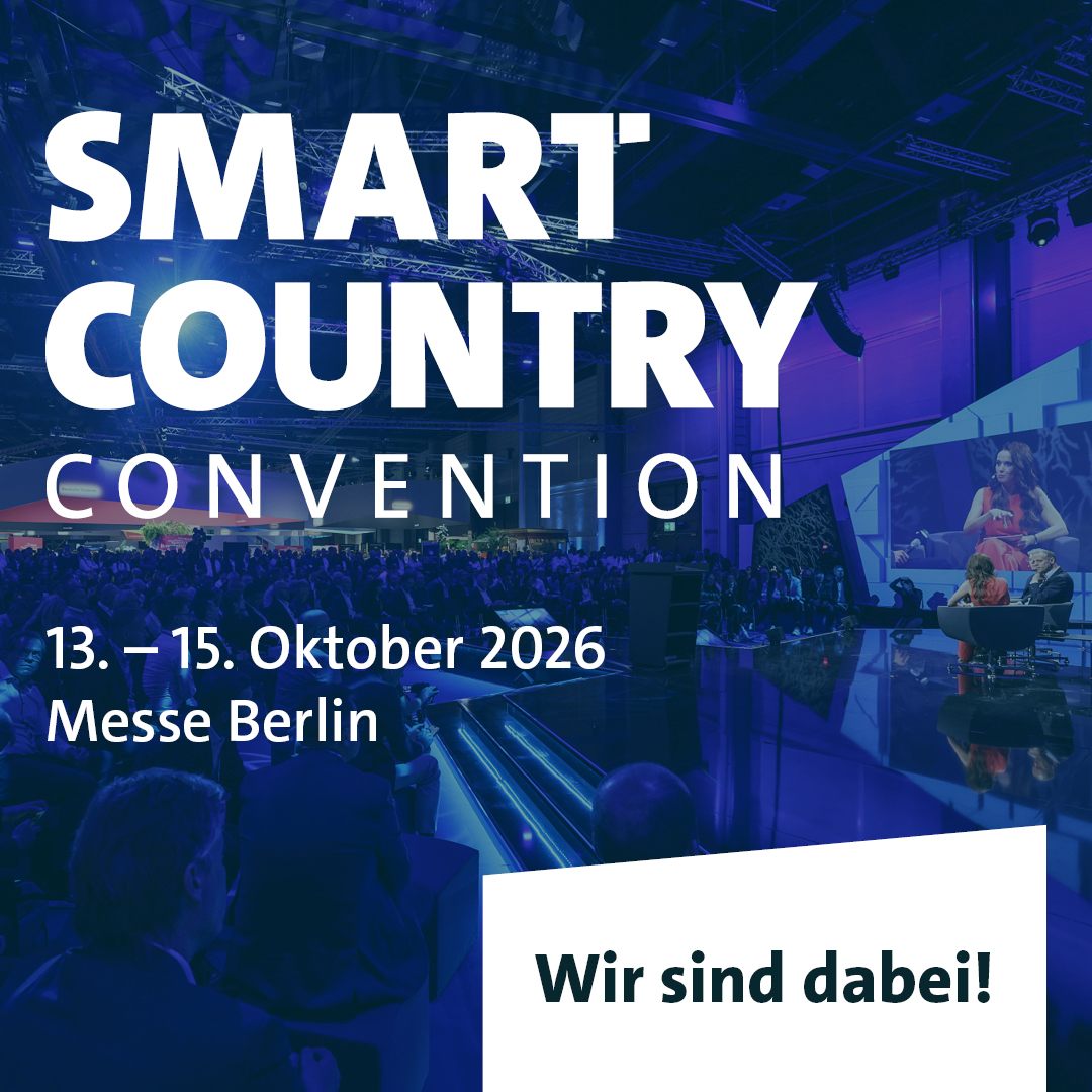 Grafik der Smart Country Convention, 13. bis 15. Oktober 2026, Messe Berlin, mit dem Hinweis „Wir sind dabei!“