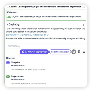 Vorschau einer Beurteilung mit Quellverweisen und Audit-Historie