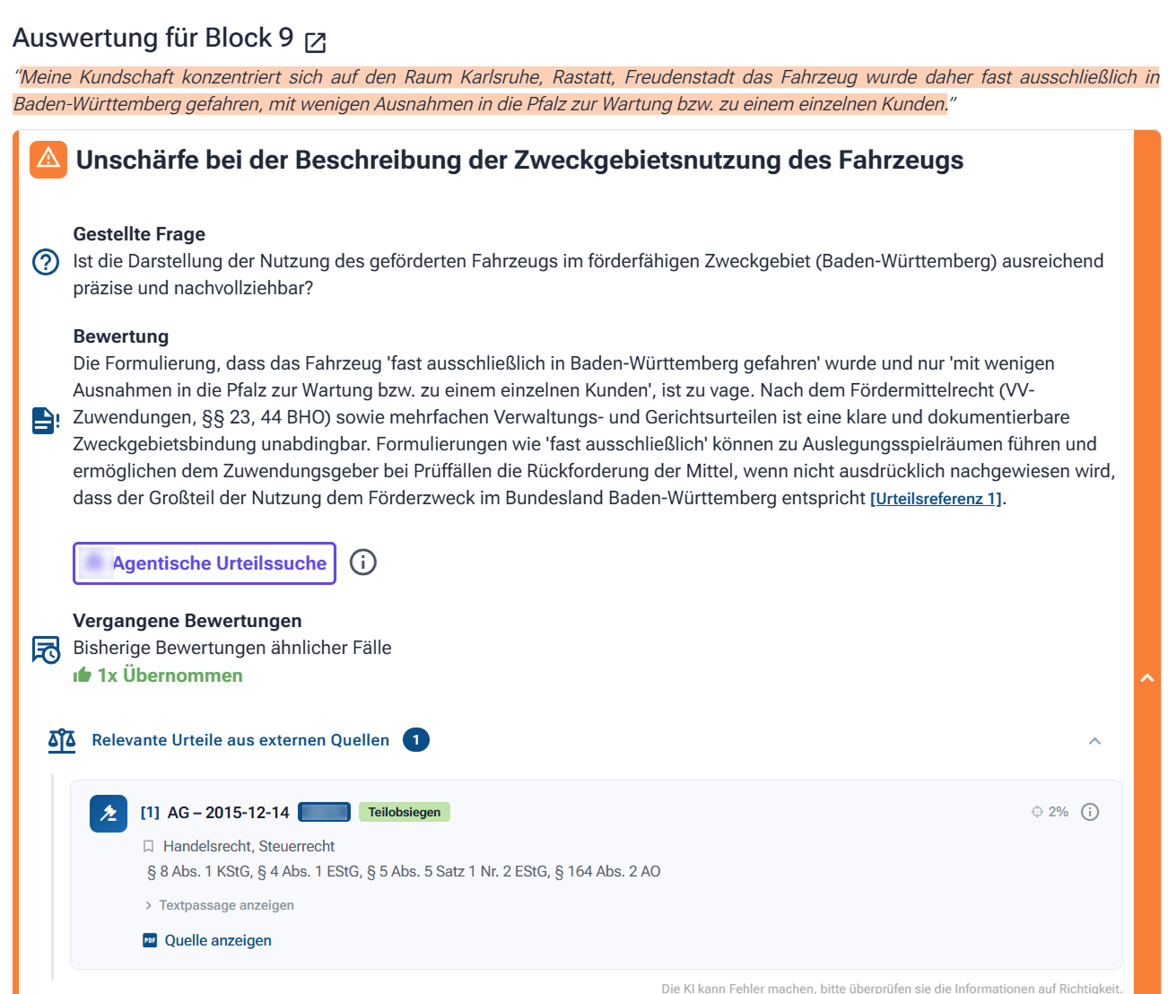 Auswertungskarte zu einem Vertragsblock mit hervorgehobener Bewertung, agentischer Urteilsanalyse und Verweis auf vergangene Bewertungen