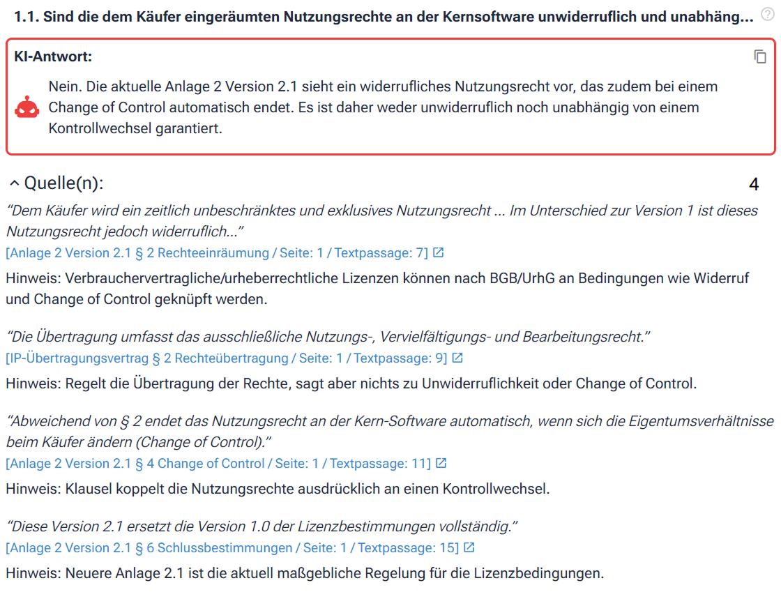 KI-Antwort zu einer Vertragsfrage mit aufgeklappter Quellenliste, in der mehrere abweichend formulierte Originalpassagen erscheinen