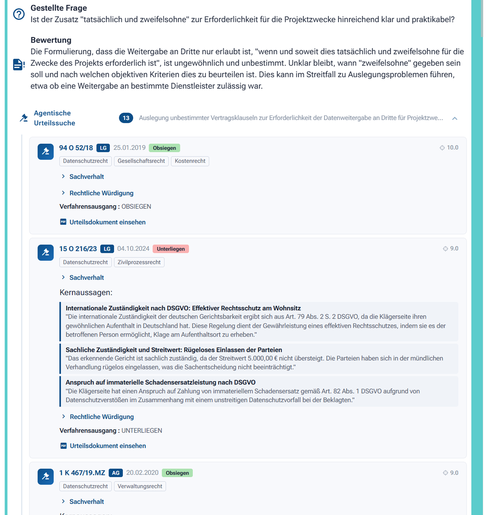 Detailansicht einer Frage mit eingebundenen externen Gerichtsurteilen als Belegquellen, jeweils mit Aktenzeichen und Schlagwörtern