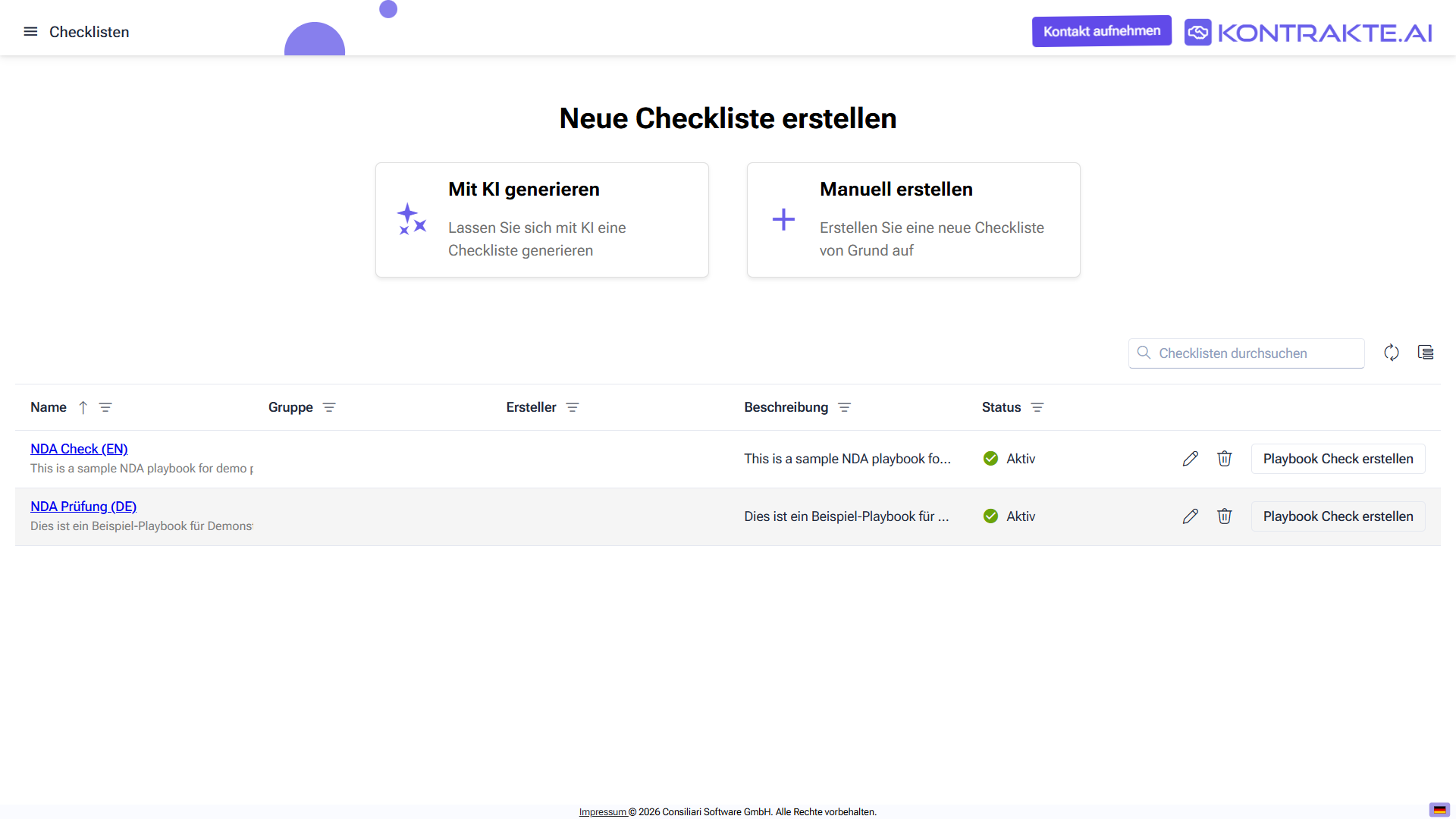 Übersichtsseite der Checklisten im Bereich Einstellungen: oben die Einstiegspunkte Mit KI generieren und Manuell erstellen, ein Suchfeld sowie eine Tabelle bestehender Checklisten mit Aktionen zum Bearbeiten, Löschen und Playbook Prüfung erstellen.
