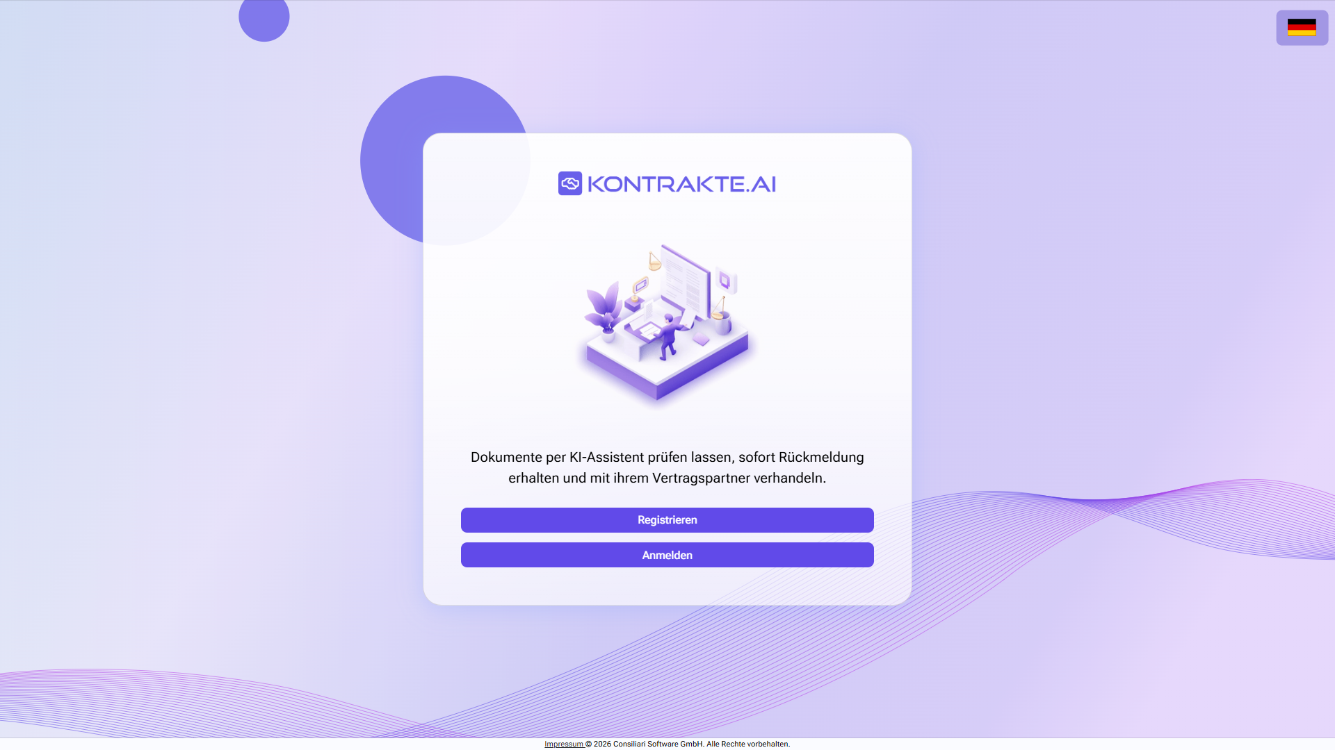 Einstiegsseite unter app.kontrakte.ai mit dem Kontrakte.AI-Logo, dem Produkt-Slogan sowie den Schaltflächen Registrieren und Anmelden. Ein Flaggensymbol oben rechts wechselt die Sprache der Oberfläche.