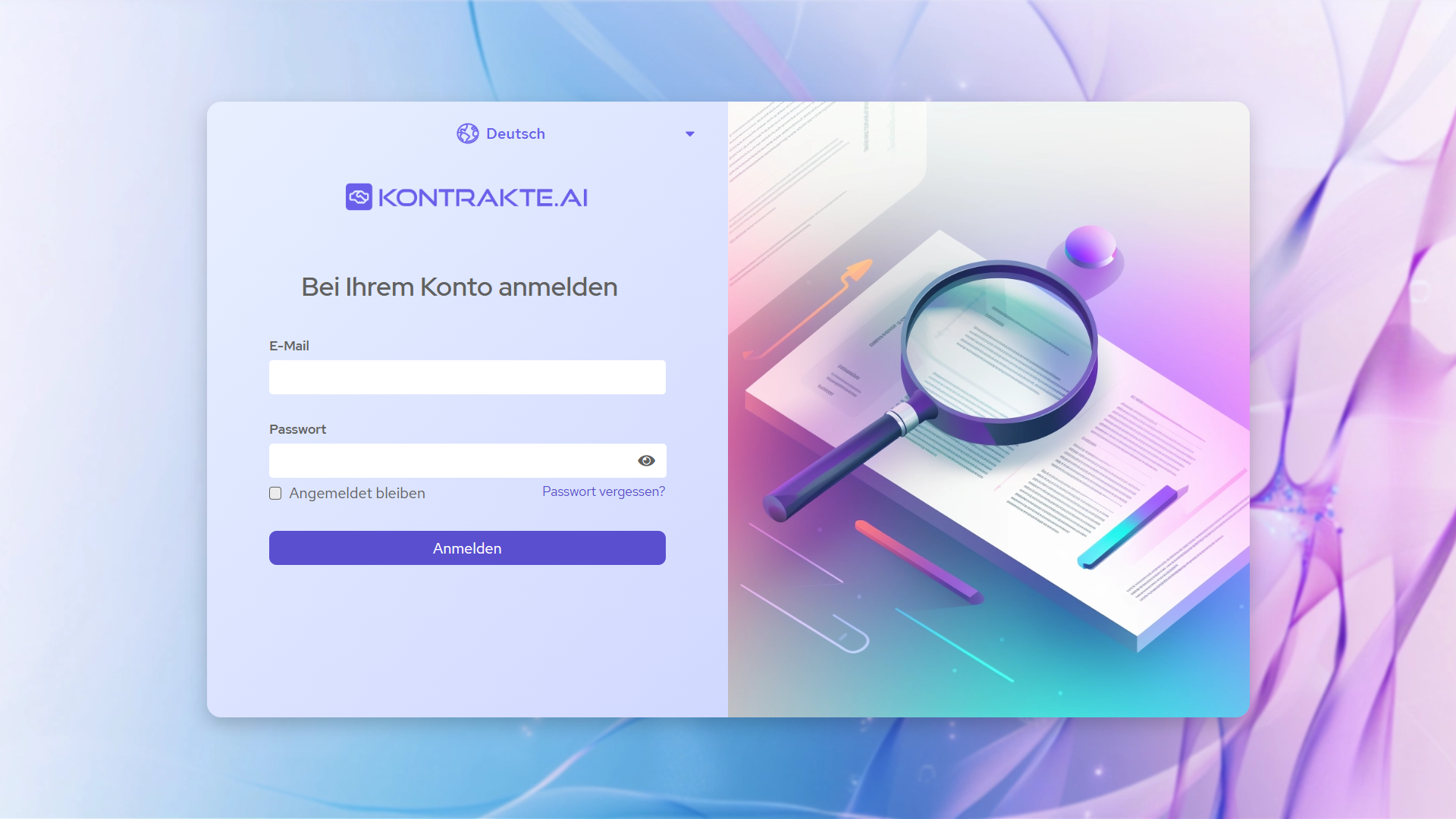 Formular Bei Ihrem Konto anmelden mit Sprachauswahl oben, Feldern für E-Mail und Passwort, der Option Angemeldet bleiben, dem Link Passwort vergessen und der Schaltfläche Anmelden.