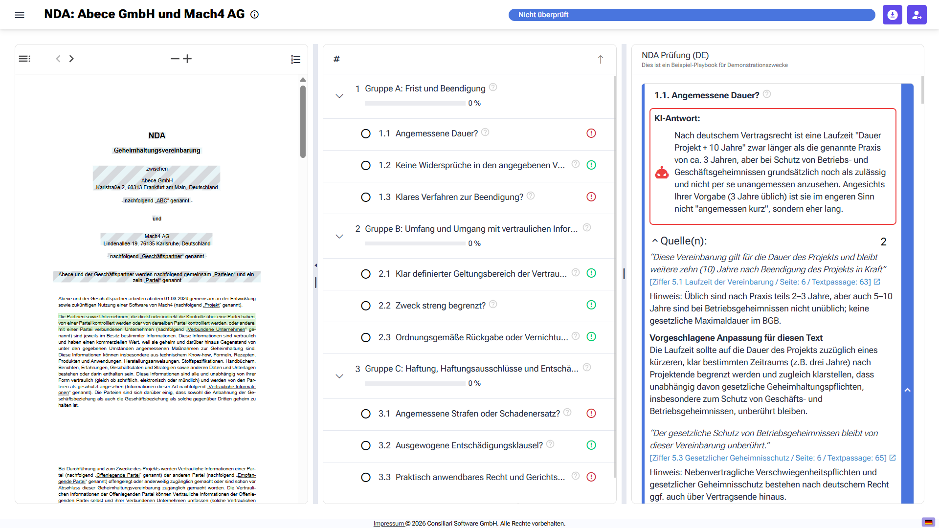 Playbook-Check-Auswertungsansicht: obere Leiste mit Dokumenttitel und Prüfungsfortschritt; Dokumentanzeige mit dem gerenderten PDF und farbigen Hervorhebungen links; Checkliste gruppiert nach Ordnern mit Fortschrittsanzeigen und Statusanzeigen pro Eintrag in der Mitte; Detailansicht des ausgewählten Eintrags mit KI-Antwort, Quellen und Vorgeschlagener Anpassung rechts.