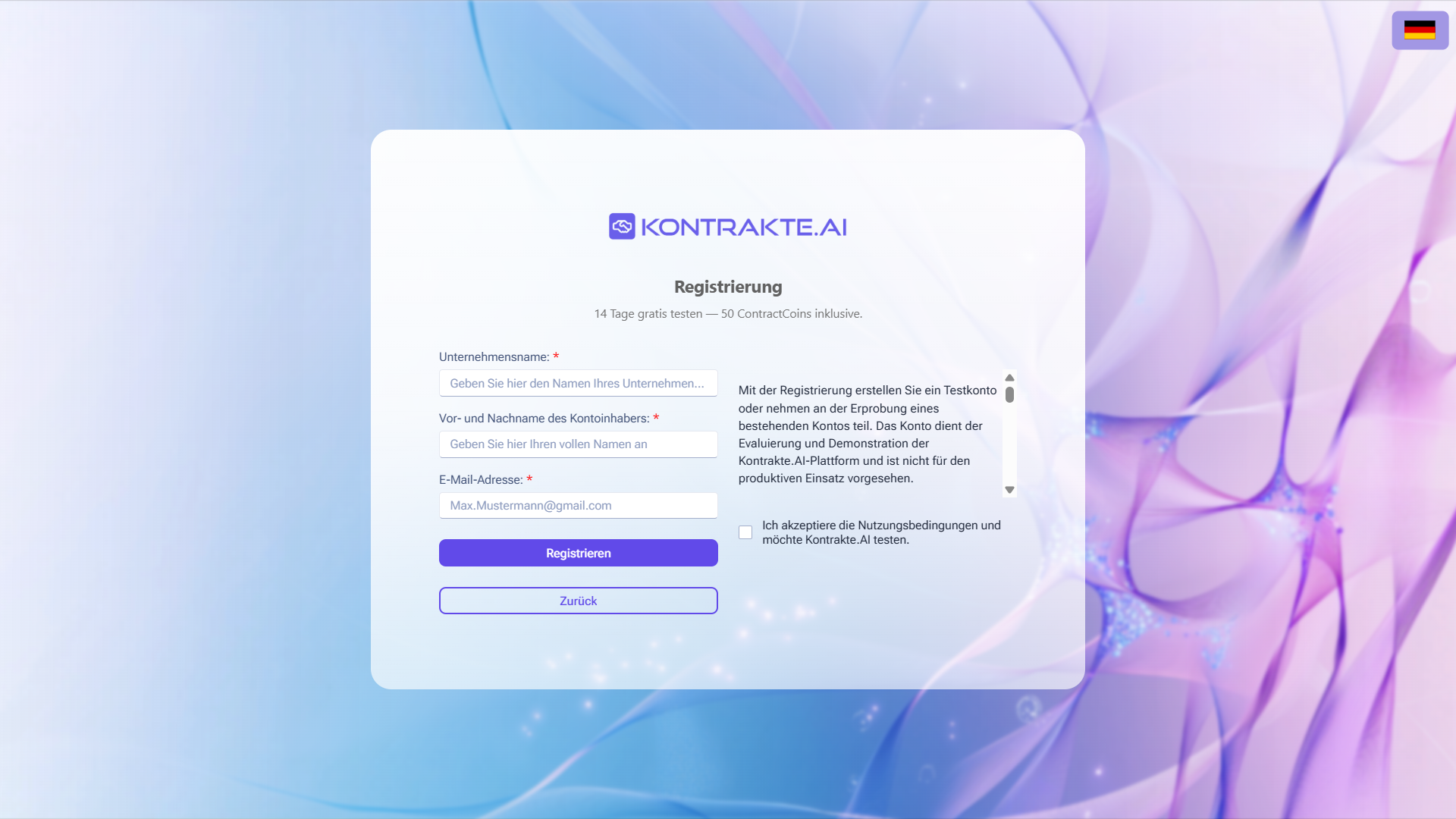 Registrierungsformular mit Feldern für Firmenname, vollständigen Namen und E-Mail-Adresse, dem Bereich Nutzungsbedingungen, dem Kontrollkästchen für die Nutzungsbedingungen sowie den Schaltflächen Registrieren und Zurück.
