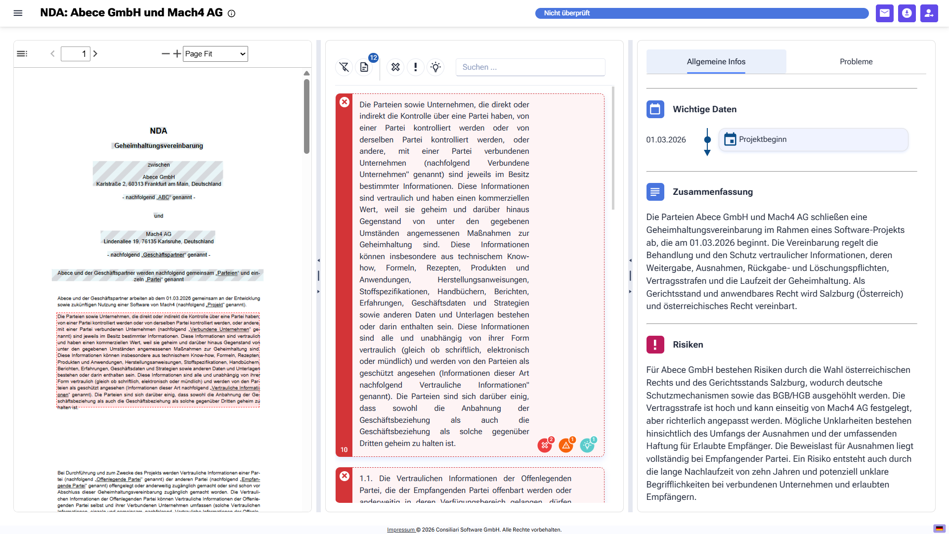 Smart-Check-Auswertungsansicht: obere Leiste mit Dokumenttitel, Prüfungsstatus und Aktionssymbolen; Dokumentanzeige mit dem gerenderten PDF links; Liste der Anmerkungen mit Filterleiste und Befundkarten in der Mitte; Seitenpanel mit Allgemeinen Informationen, eigener und anderen Parteien, wichtigen Daten und Zusammenfassung rechts.