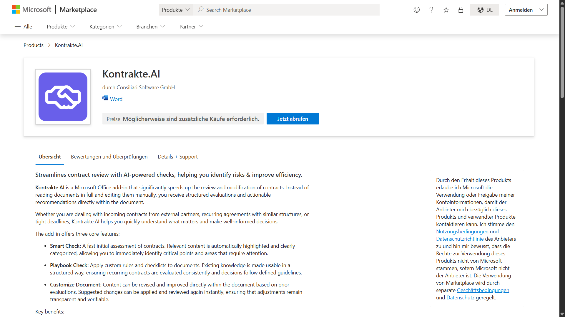 Eintrag des Kontrakte.AI Office Add-In im Microsoft Marketplace im Browser: Titel Kontrakte.AI von Consiliari Software GmbH, Kennzeichnung für Word und die Schaltfläche Jetzt abrufen.
