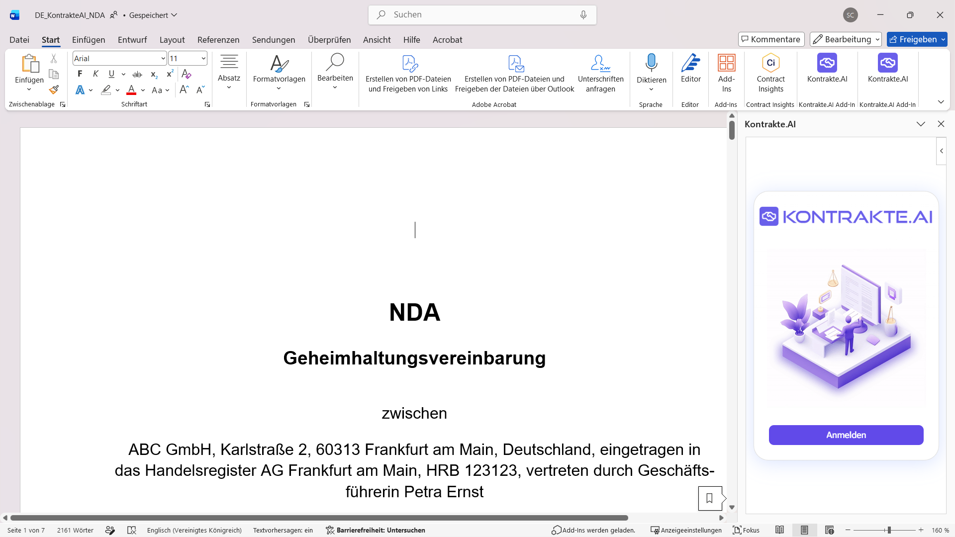 Geöffnetes Kontrakte.AI-Add-in im Aufgabenbereich rechts neben dem Word-Dokument. Der Aufgabenbereich zeigt das Kontrakte.AI-Logo und eine Schaltfläche zum Anmelden.