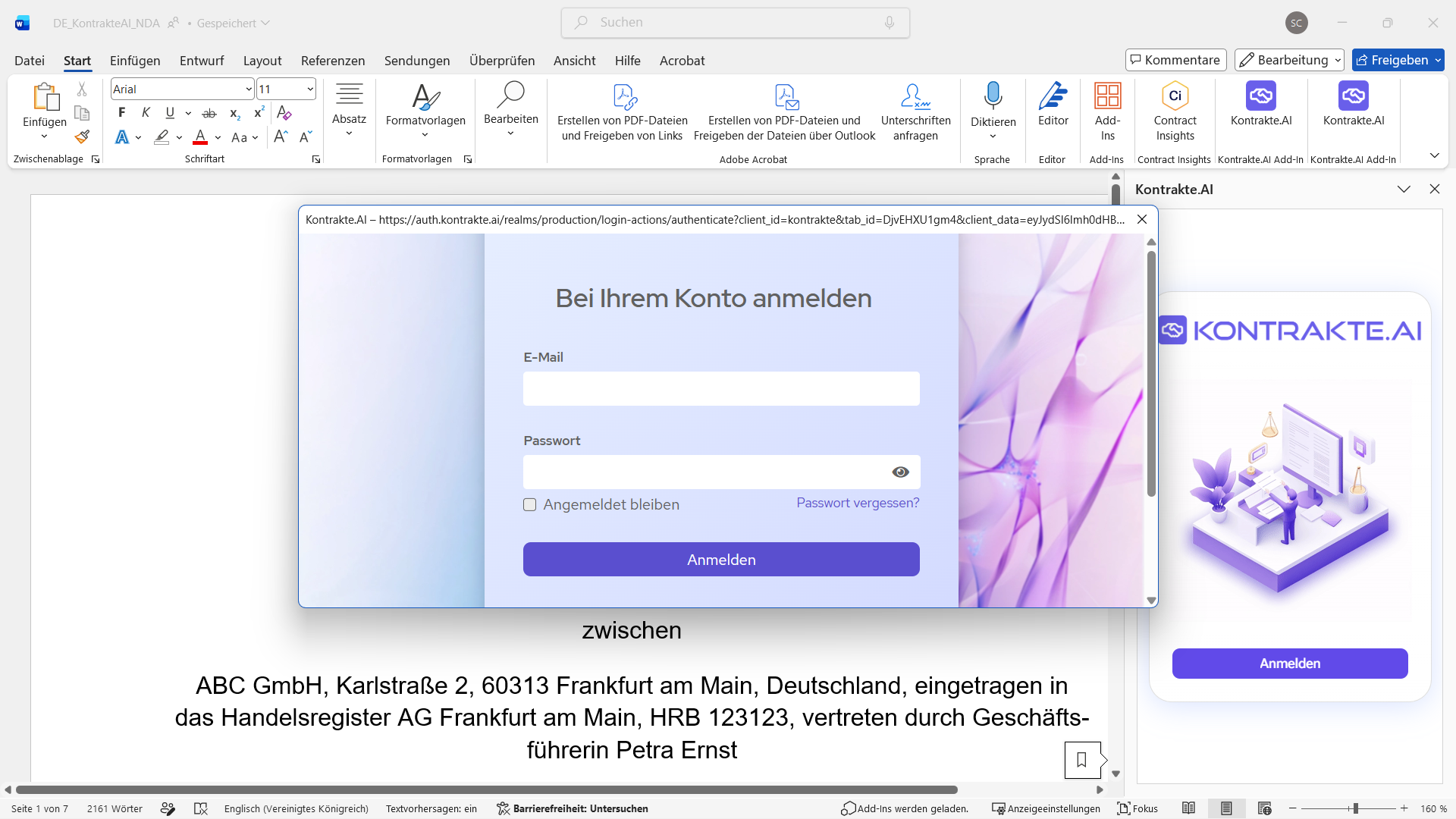 Anmeldefenster Bei Ihrem Konto anmelden über dem Word-Dokument, mit Feldern für E-Mail und Passwort, der Option Angemeldet bleiben, dem Link Passwort vergessen und der Schaltfläche Anmelden.