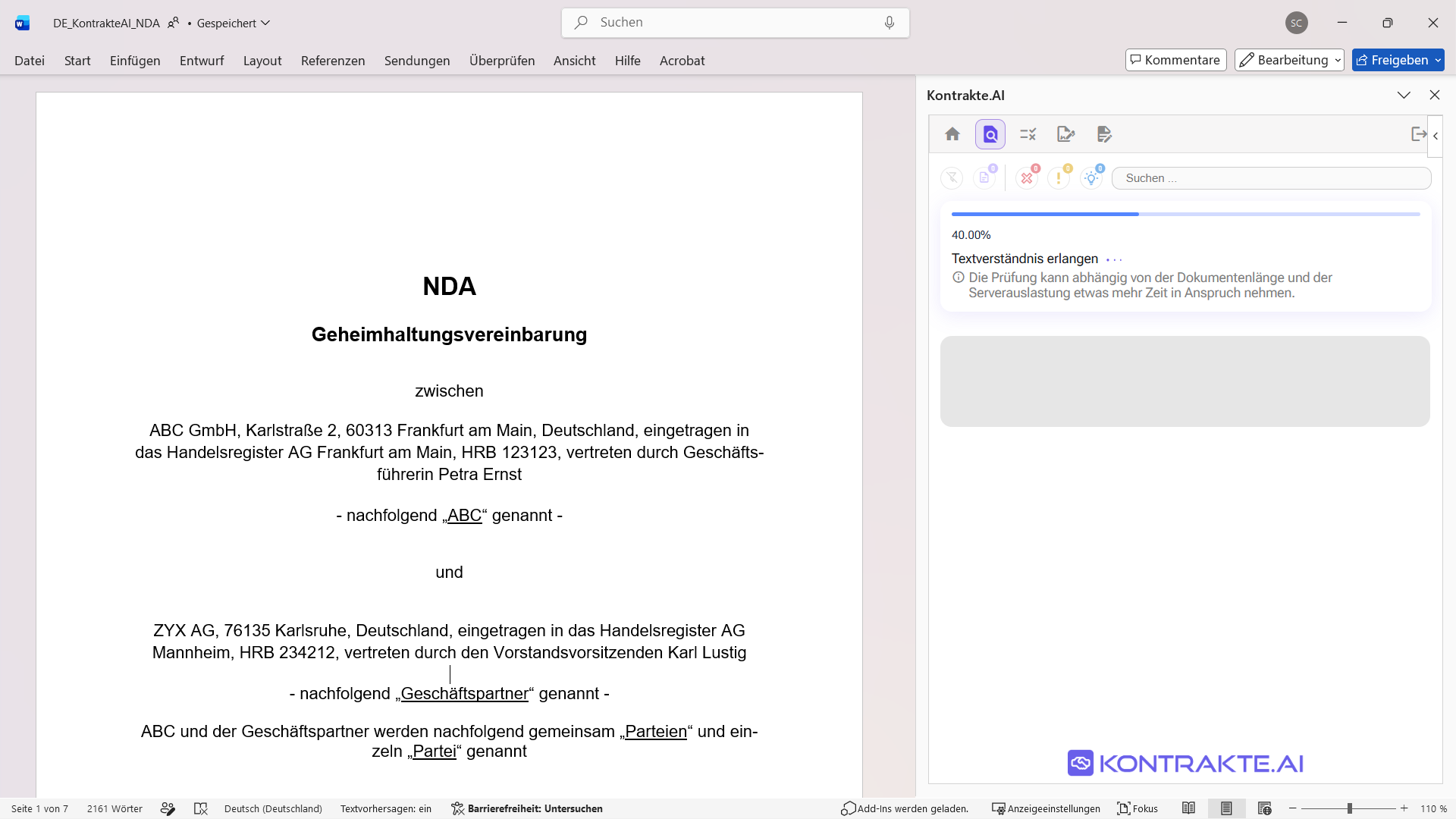Aufgabenbereich während der laufenden Smart-Check-Prüfung mit Fortschrittsbalken bei 40 Prozent, dem Schritt Textverständnis erlangen und einem Hinweis zur möglichen Dauer.