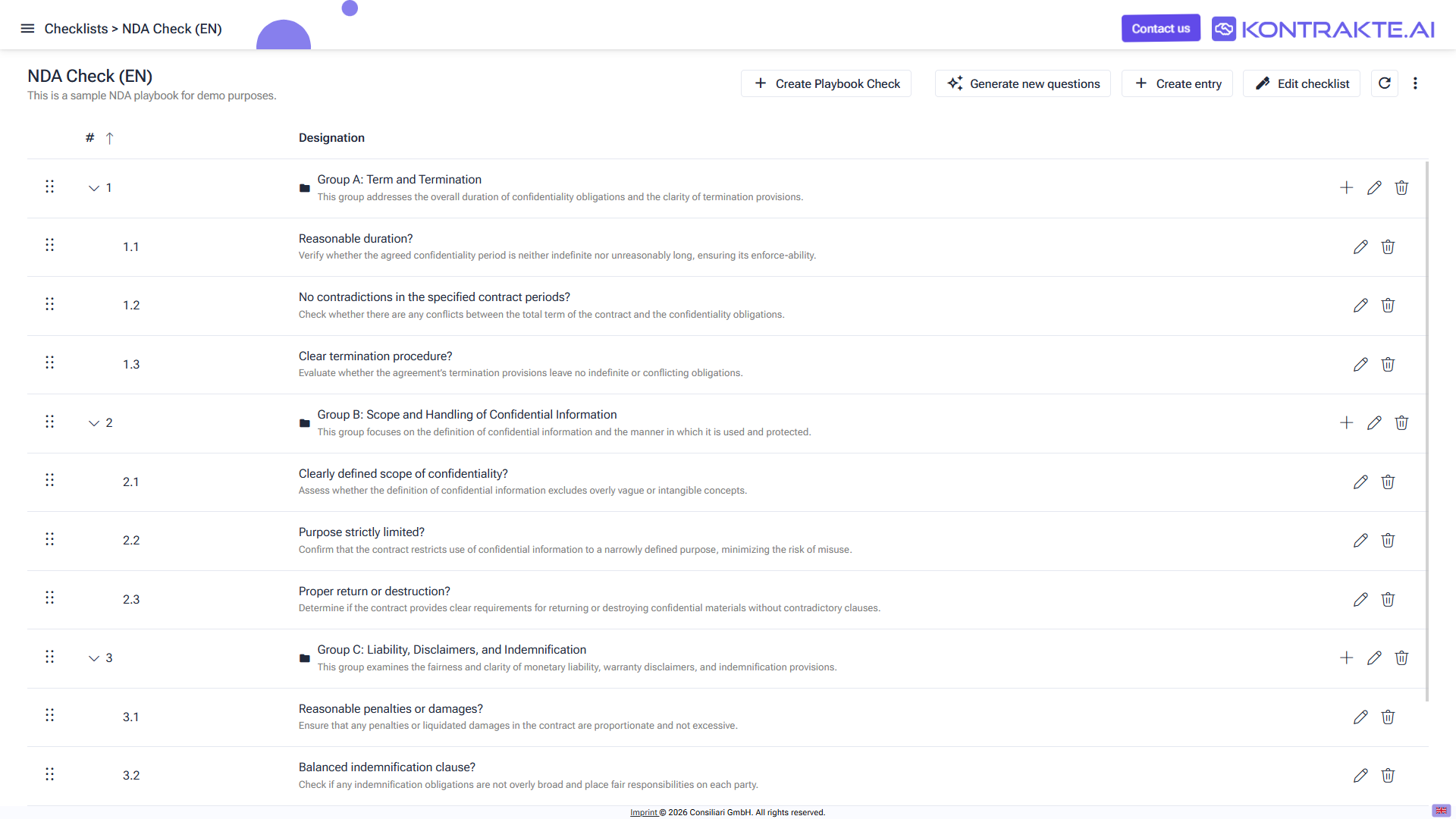 Checklist editor with the breadcrumb Checklists > NDA Check (EN), the top-right actions Generate new questions, Create entry, Edit checklist and Create Playbook Check, and a hierarchical list of folder groups (Group A, Group B, Group C) with their numbered entries.