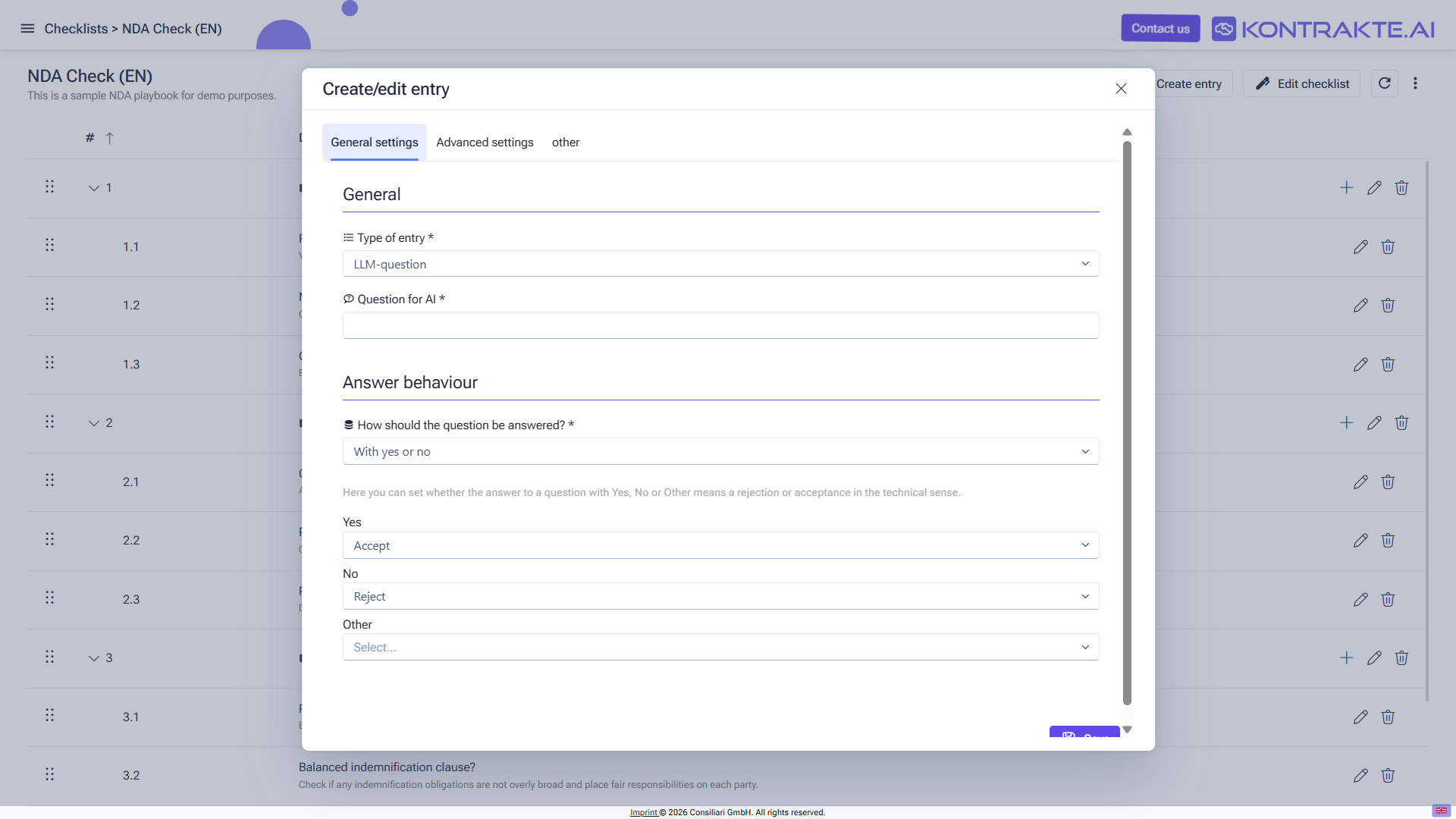 Create/edit entry dialog showing the General settings, Advanced settings and other tabs and the configuration fields for an LLM-question entry.