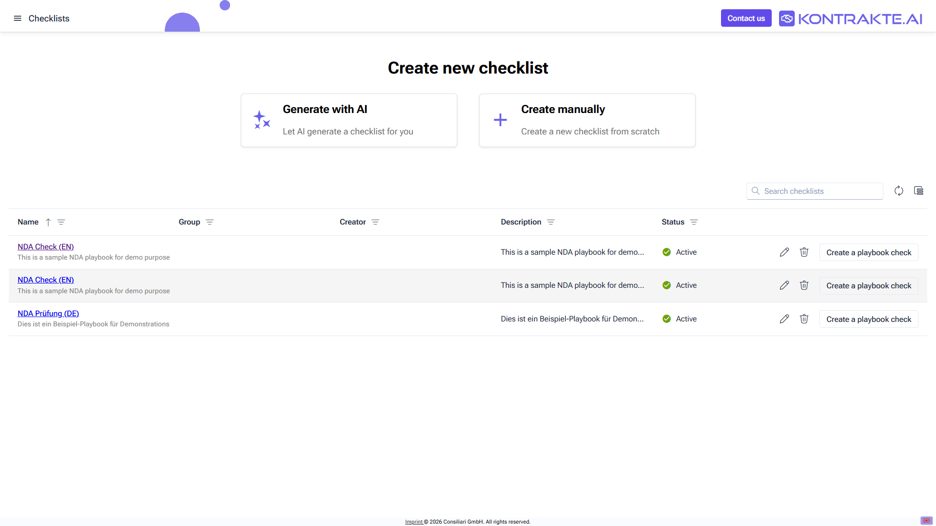 Checklists overview page in the Settings area: Generate with AI and Create manually entry points at the top, search field, and a table of existing checklists with edit, delete and Create a playbook check actions.