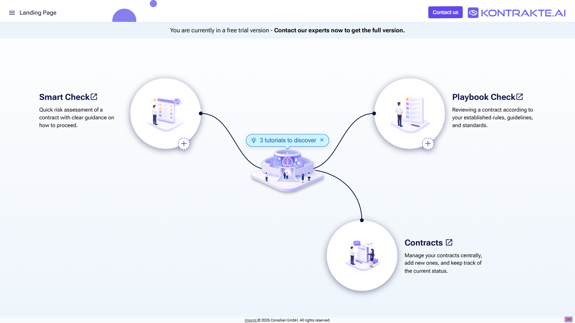 Home page on a trial account: top bar with navigation menu, page title, Contact us button and logo; trial-version banner at the top; Smart Check, Playbook Check and an additional module card around a central Tutorial Hub with a 3 tutorials to discover badge; language switcher in the bottom right corner.