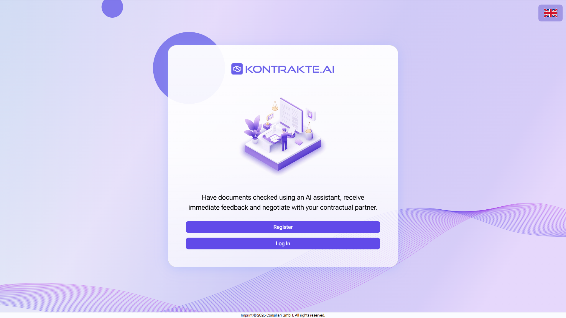 Entry page at app.kontrakte.ai with the Kontrakte.AI logo, the product tagline and the Register and Log In buttons. A flag icon in the top right corner switches the interface language.