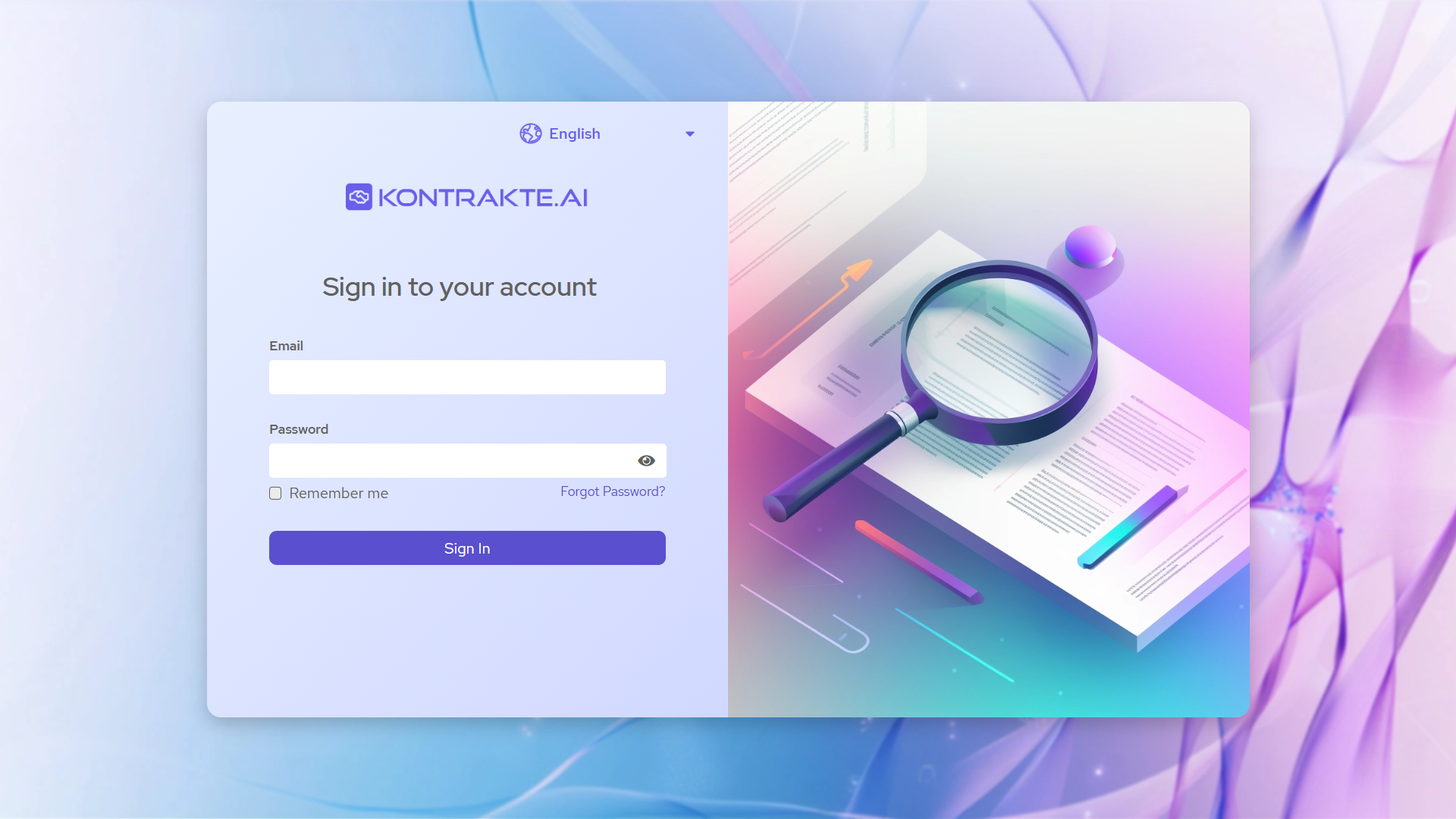 Sign in to your account form with language selector at the top, Email and Password fields, Remember me checkbox, Forgot Password link and Sign In button.