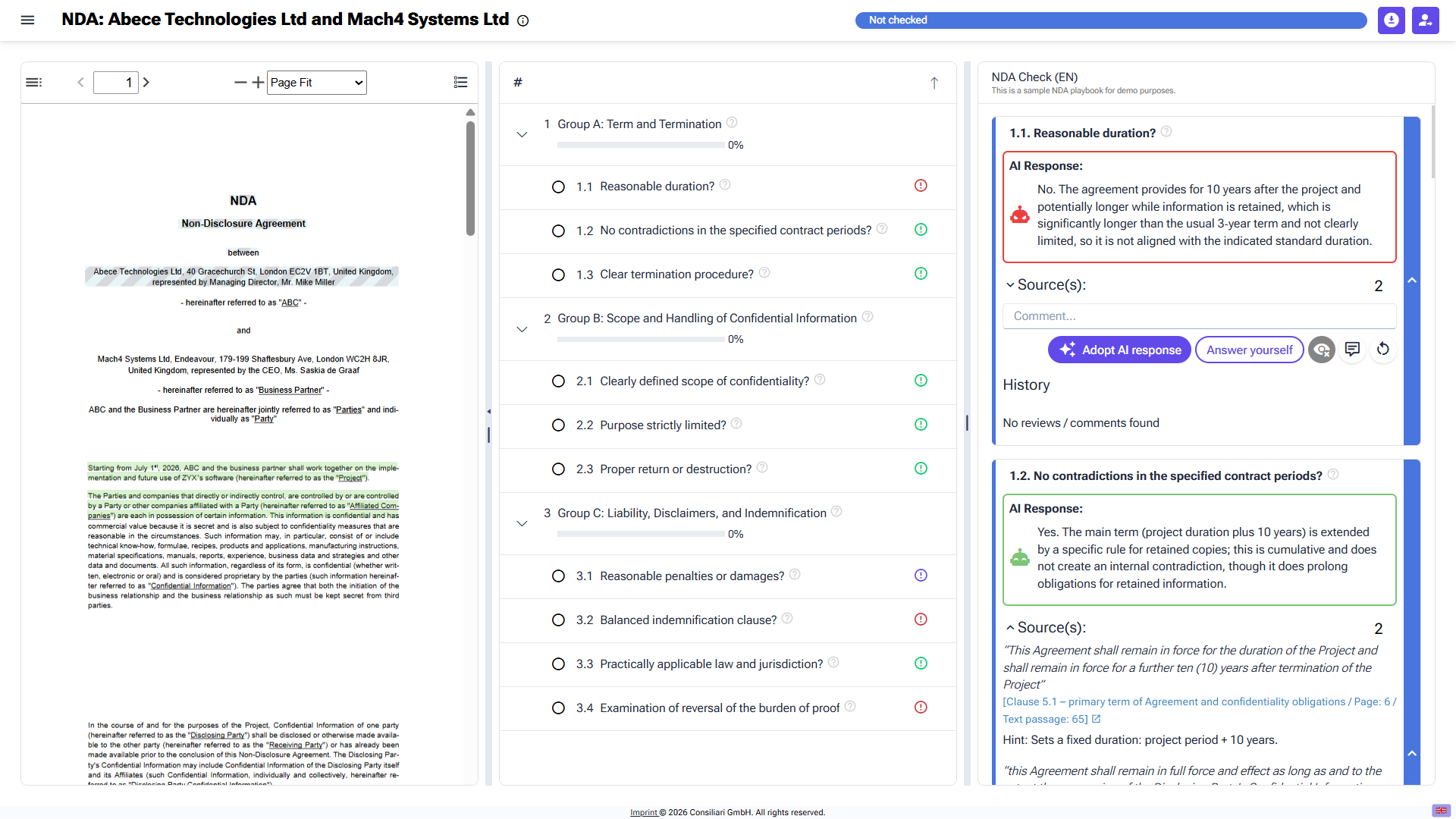 Playbook Check evaluation view: top bar with document title and review progress; document viewer with the rendered PDF and coloured highlights on the left; checklist grouped by folders with progress bars and per-entry status indicators in the centre; selected entry detail with AI Response, Sources and Proposed adaptation on the right.