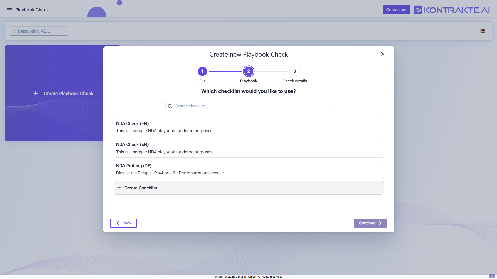 Playbook Check wizard step 2: Playbook. List of available playbooks with descriptions, a search field above the list and a Create Checklist entry at the bottom.