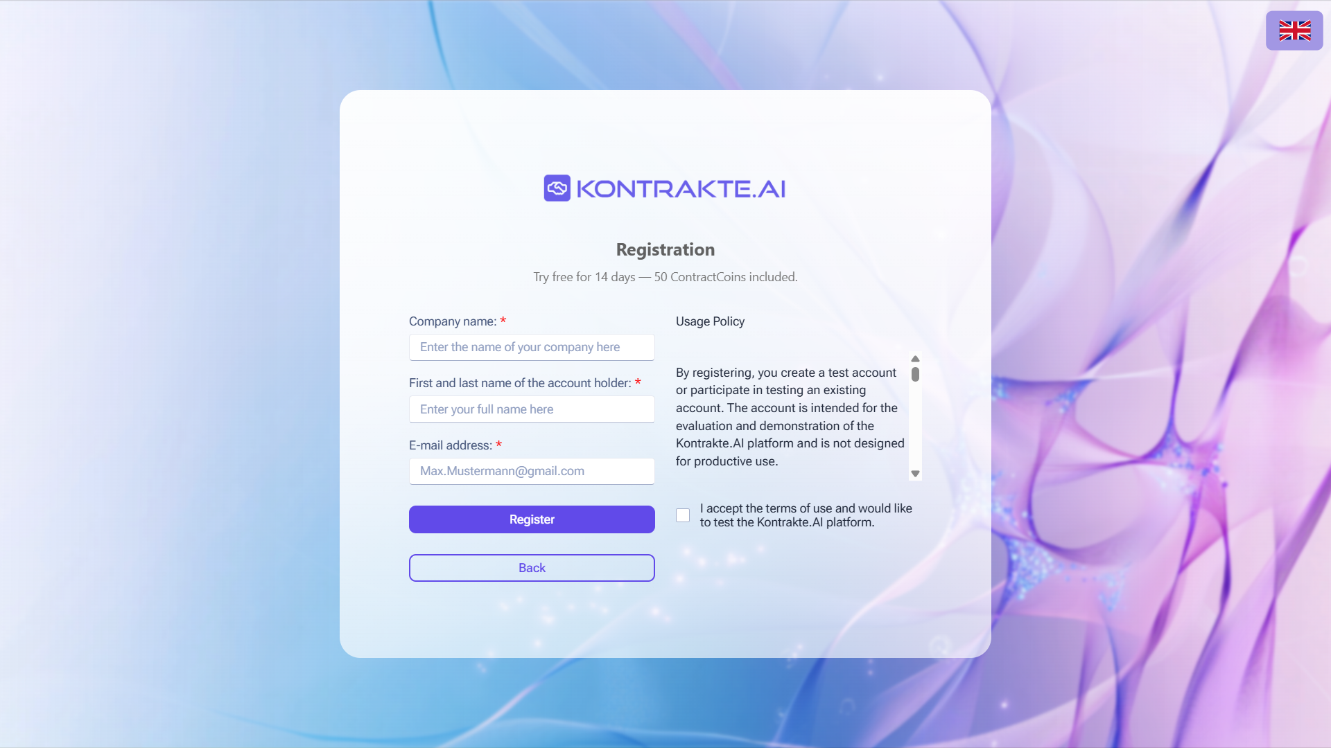 Registration form with fields for company name, full name and e-mail address, the Usage Policy panel, the terms-of-use checkbox, and the Register and Back buttons.