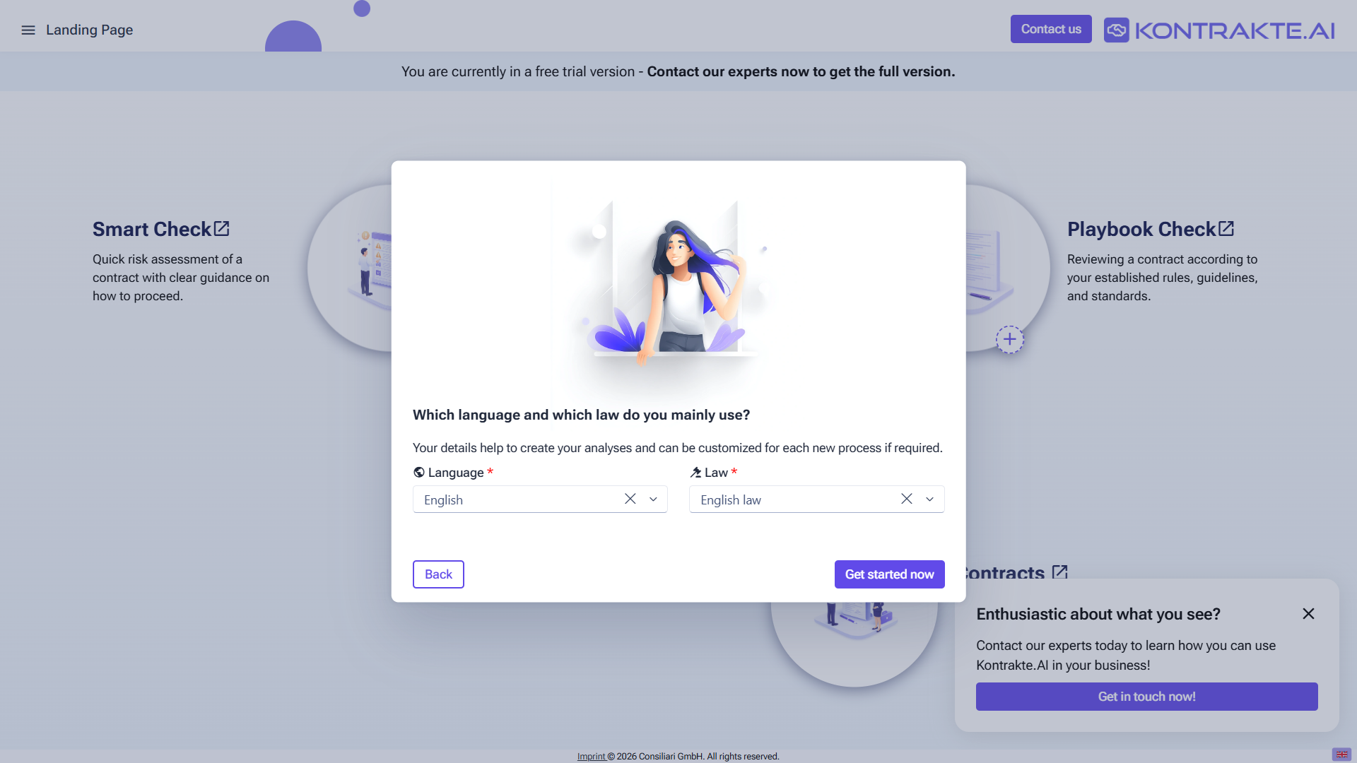 Setup wizard step 3: dialog with two required dropdowns for Language and Law, a Back button and a Get started now button.