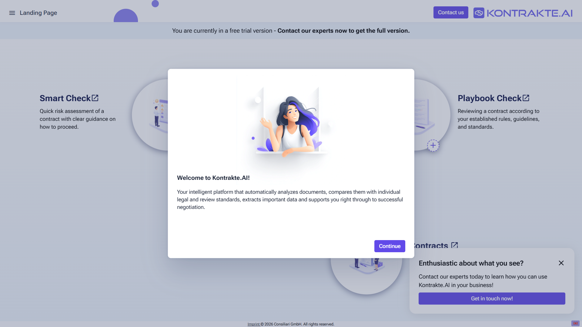 Setup wizard step 1: welcome dialog over the home page with a short introductory message and a Continue button.