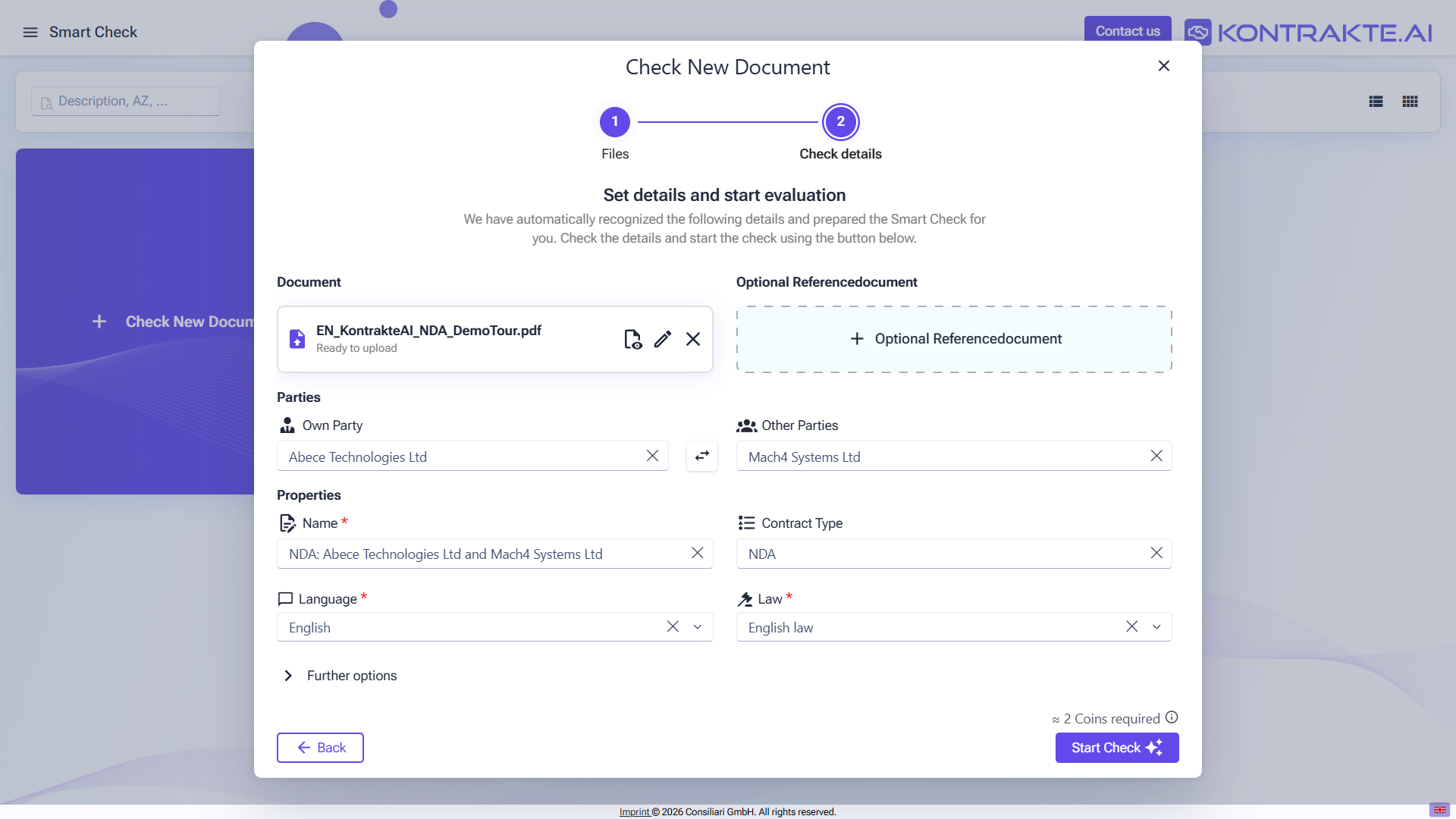 Smart Check wizard step 2: Set details and start evaluation. The dialog shows the uploaded document, the optional reference document slot, the Parties section (Own Party with a swap icon, Other Parties), the Properties section (Name, Contract Type) and the Start Check button.