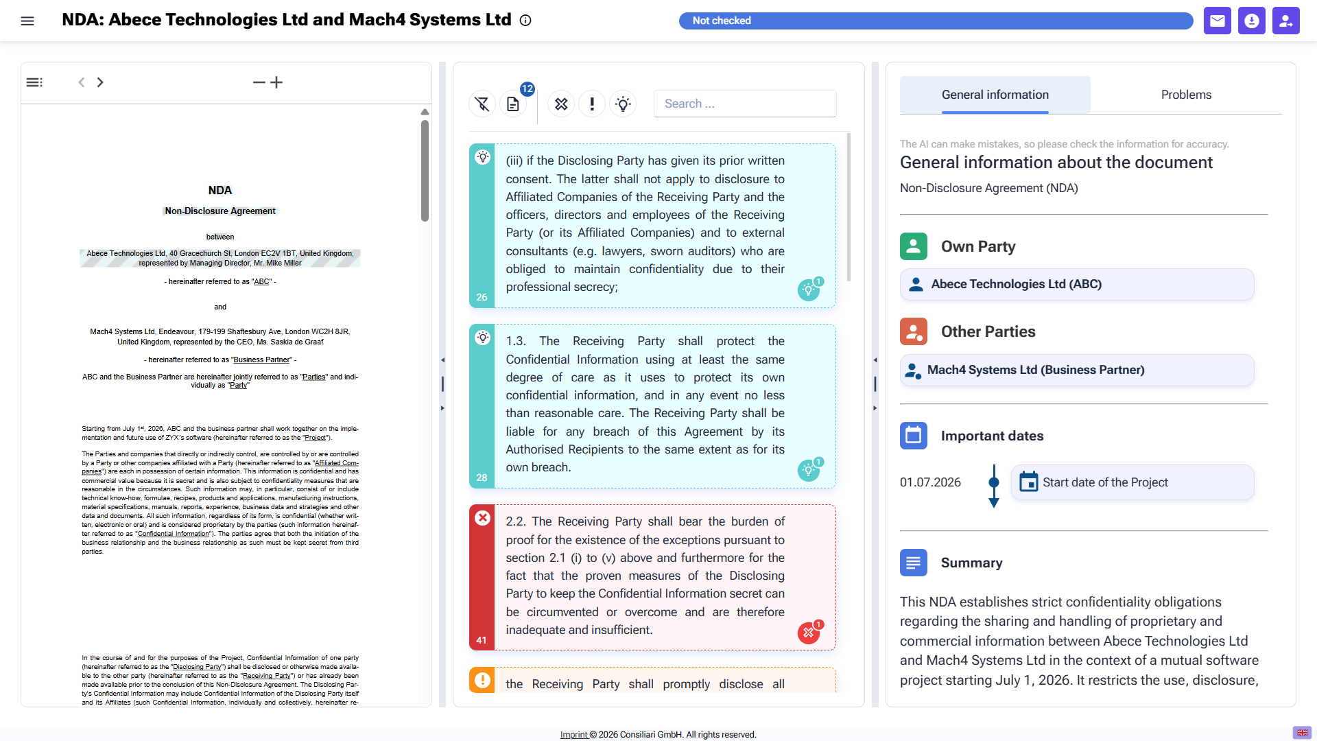 Smart Check evaluation view: top bar with document title, review status and action icons; document viewer with the rendered PDF on the left; annotations list with filter toolbar and finding cards in the centre; side panel with General information, Own and Other Parties, important dates and summary on the right.