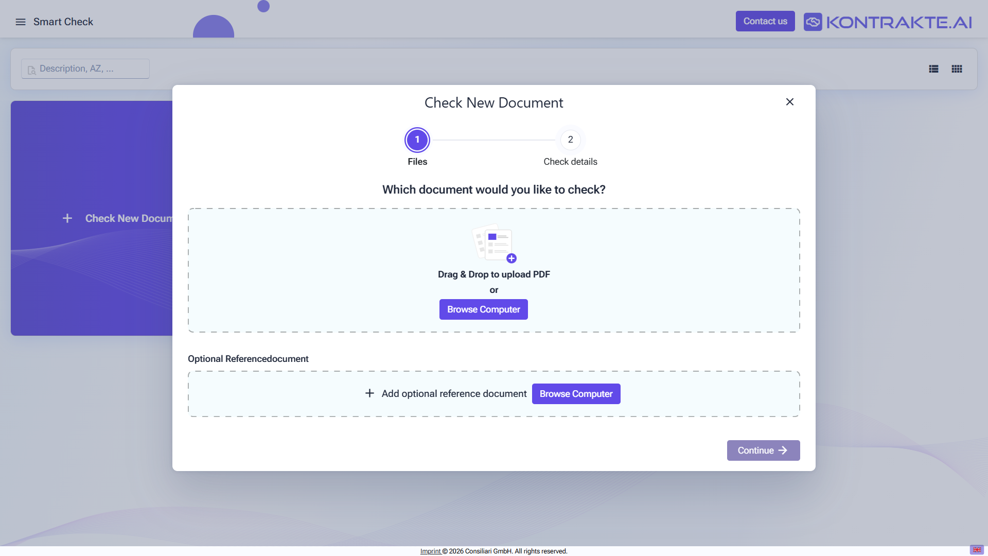 Smart Check wizard step 1: Check New Document dialog with the main document upload area (drag-and-drop or Browse Computer) and an Optional Reference document section. The two-step indicator shows Files (active) and Check details.