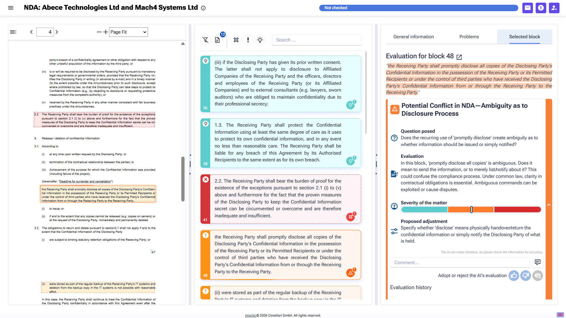 Smart Check evaluation view with a finding selected. The document viewer on the left highlights the corresponding block; the side panel on the right shows the Selected block tab with Question posed, Evaluation, Severity of the matter slider, Proposed adjustment, Comment input, Adopt or reject actions and Evaluation history.