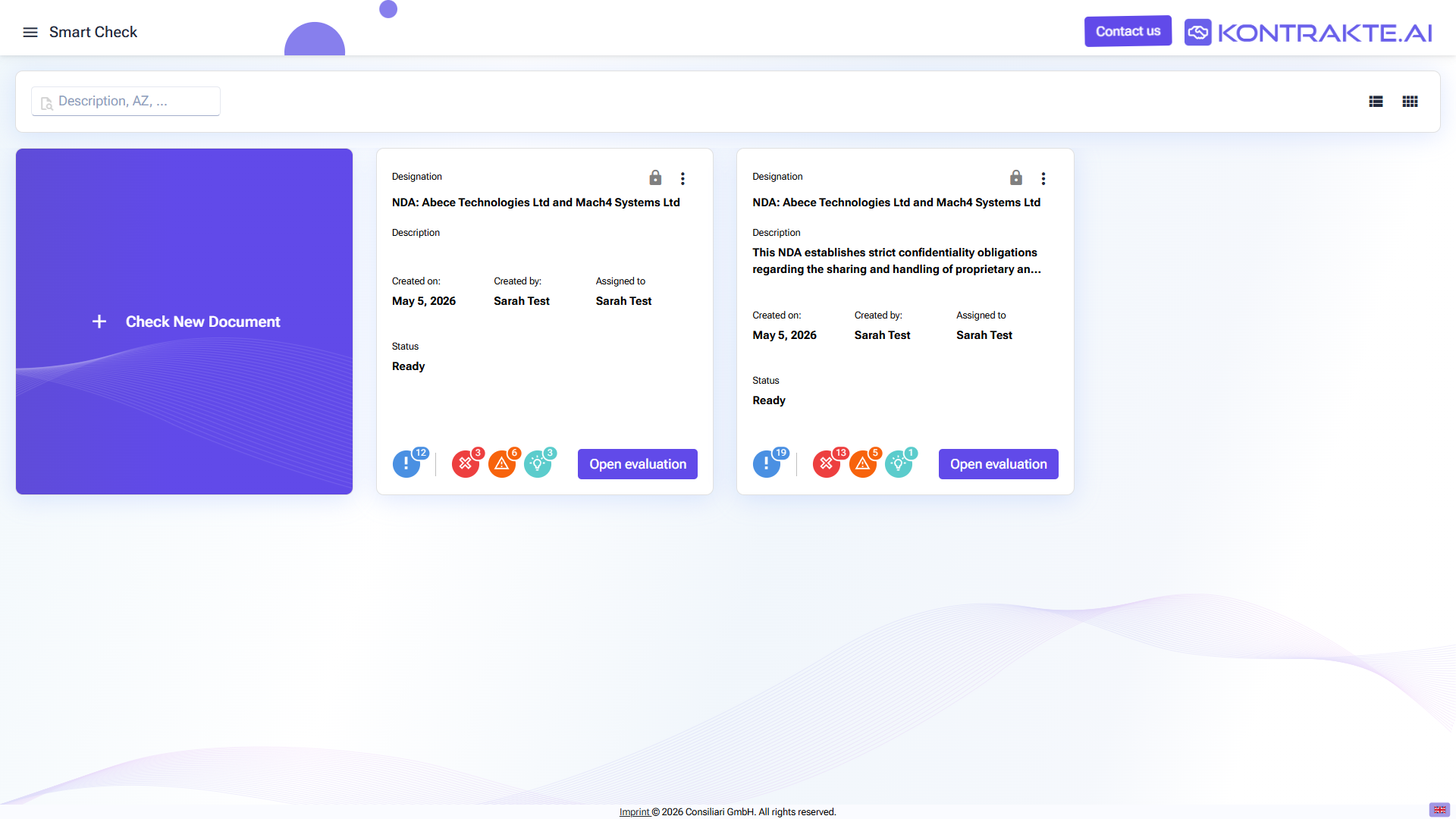 Smart Check tile in Ready status with the document designation, description, creation metadata, severity badges showing the count of total findings, errors, warnings and notes, and an Open evaluation button.