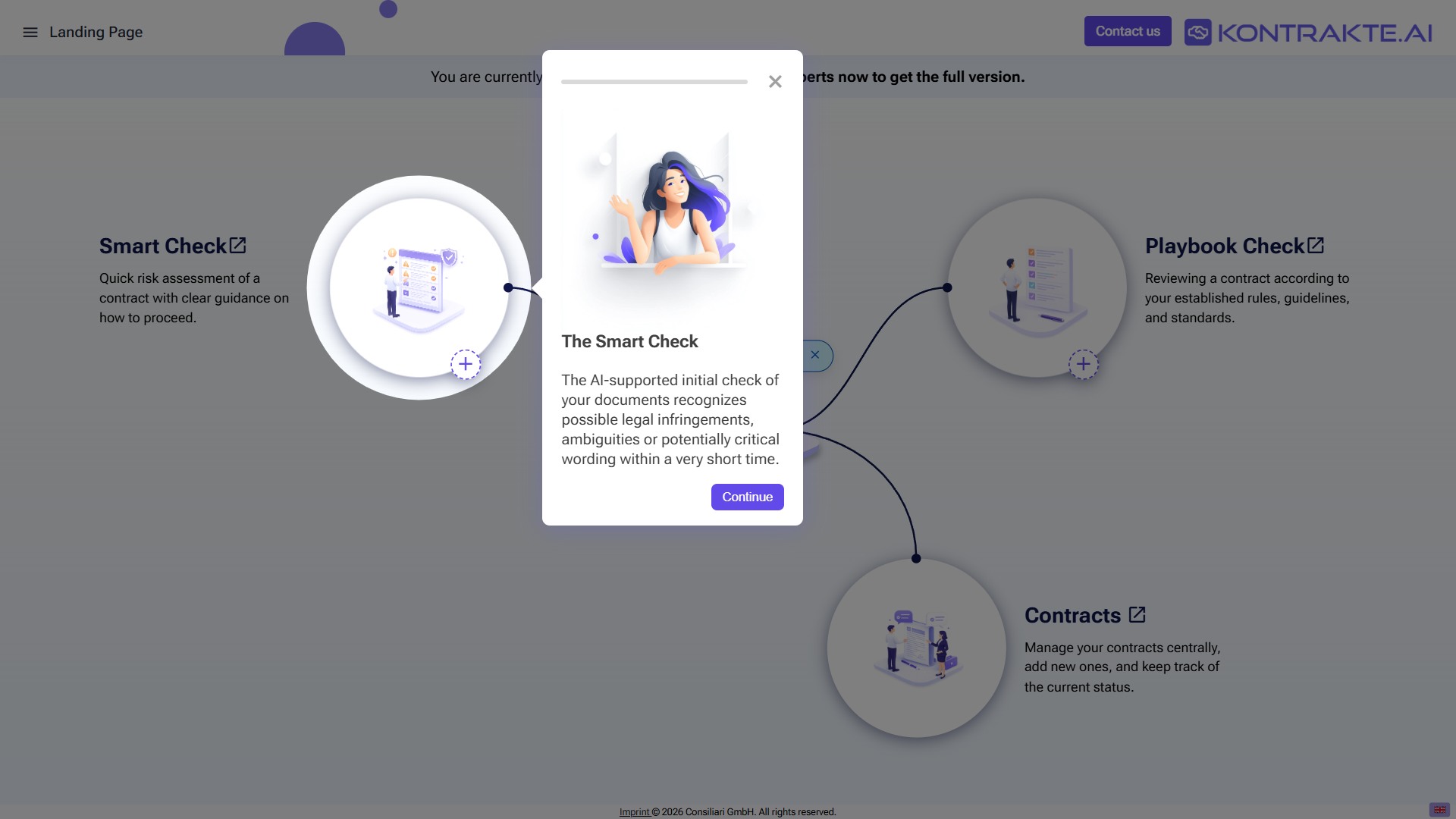 Example of a tutorial step. A tooltip-style dialog highlights the Smart Check module on the home page; the dialog contains a progress bar, a close icon, a short explanation of the highlighted feature and a Continue button.
