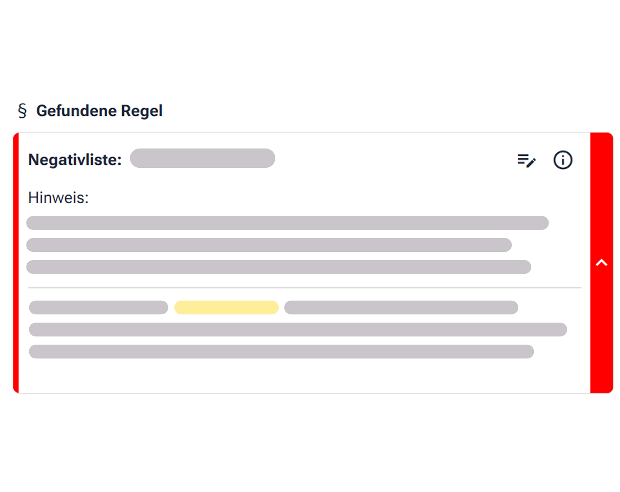Regelkarte „Negativliste“ mit gelb hervorgehobenem Wort in einer Textzeile
