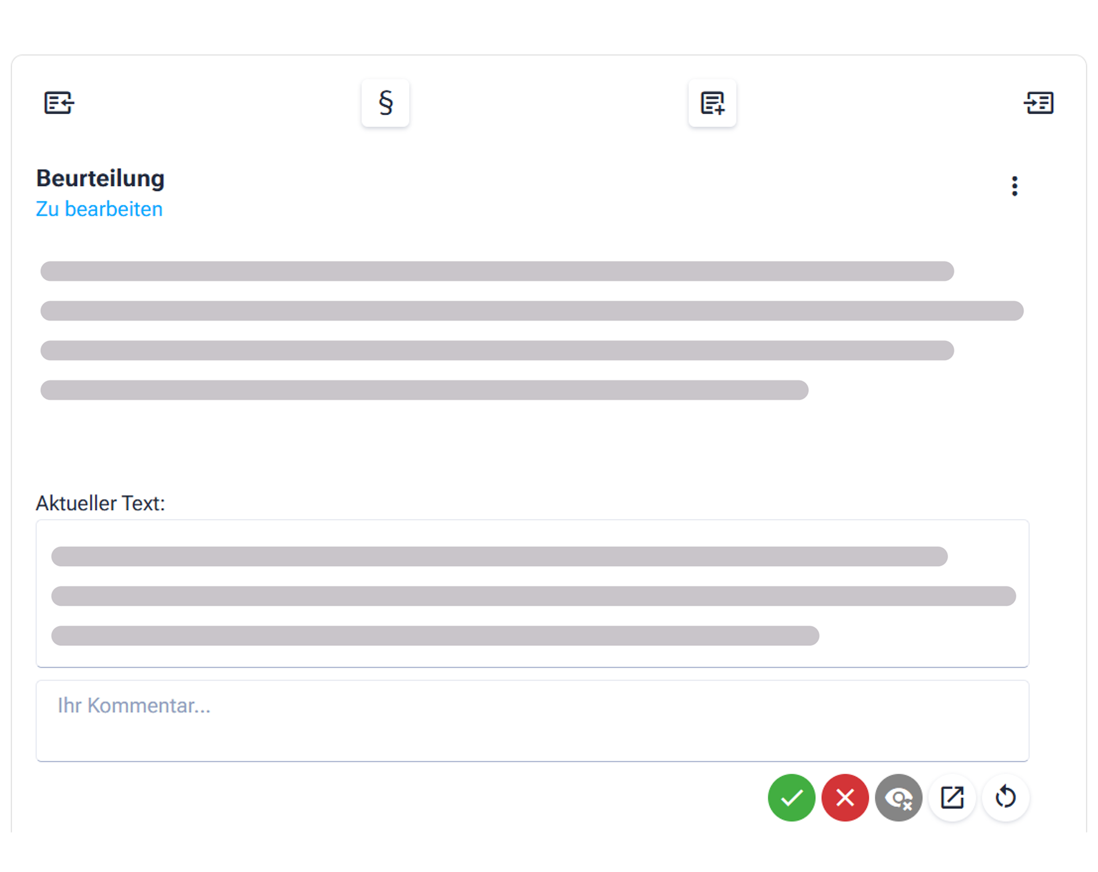 Beurteilungsdialog mit aktuellem Textauszug, Kommentarfeld und Aktionen zum Annehmen, Ablehnen oder Zurücksetzen