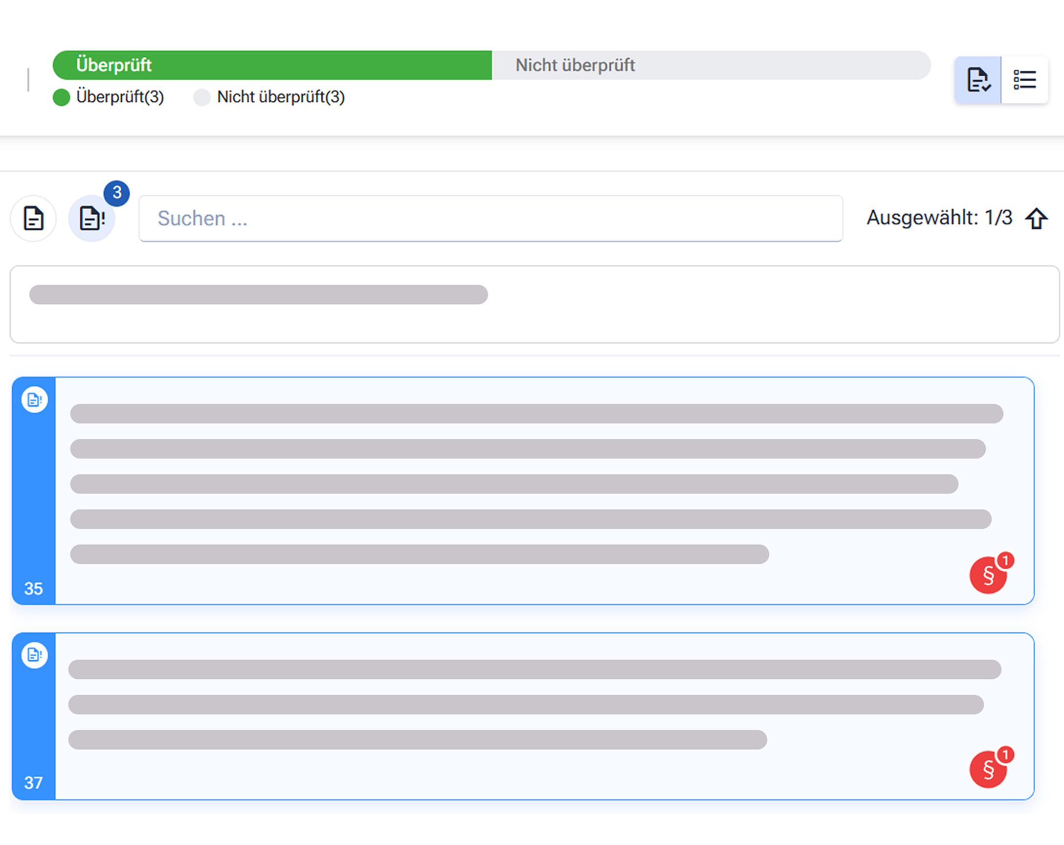 Übersicht eingereichter Dokumente mit Status „Überprüft“ und Hinweisbadges an den einzelnen Einträgen