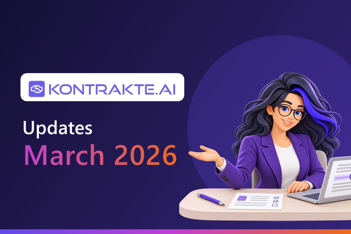 Graphic with the Kontrakte.AI logo and the words “Updates March 2026”, next to the avatar Konny at a desk with a laptop