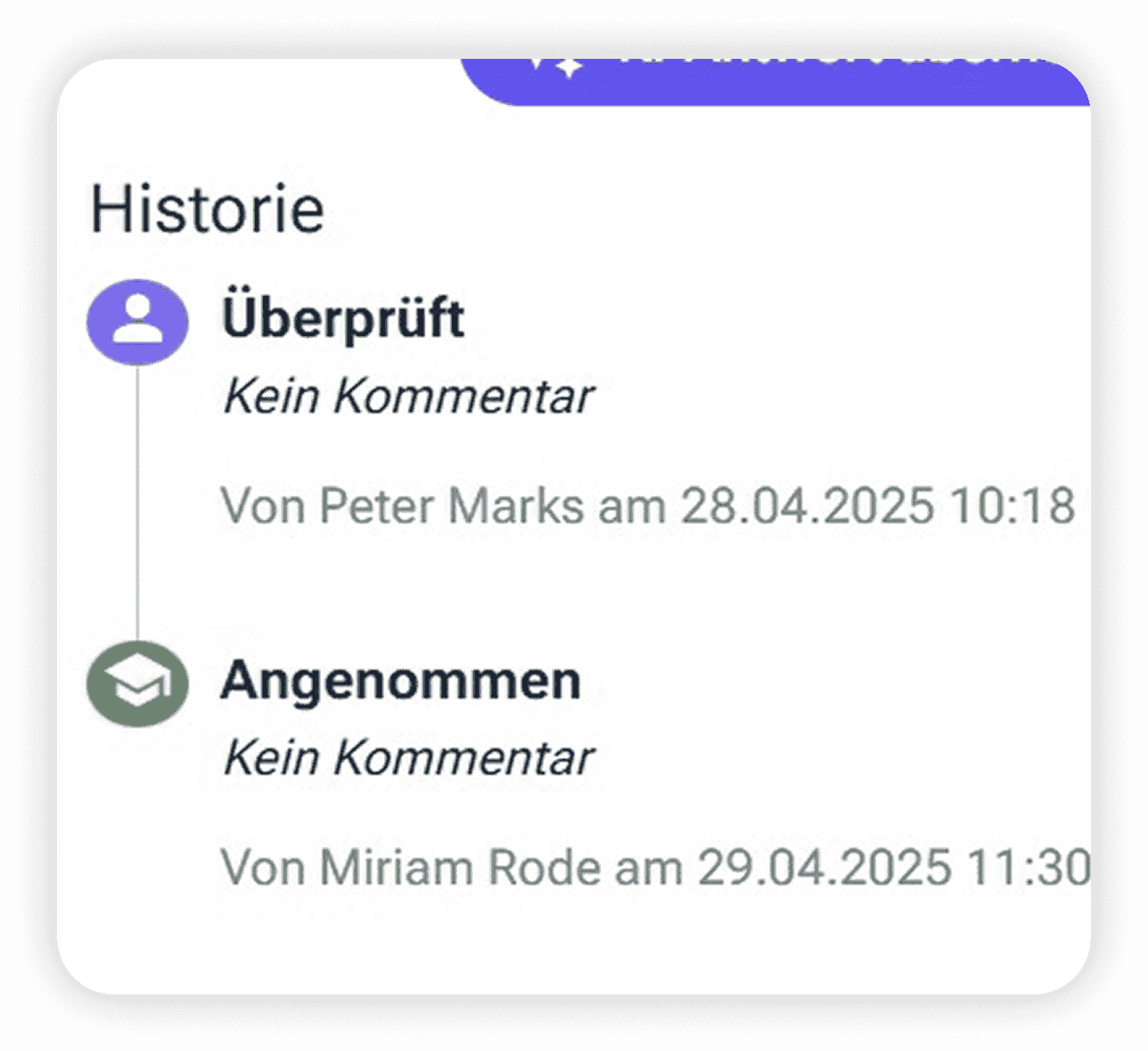Vorschau einer revisionssicheren Dokumentation mit protokollierten Arbeitsschritten und Kommentaren