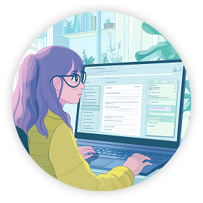 Illustration einer Person, die am Laptop arbeitet, als Sinnbild für die KI-gestützte Prüfung