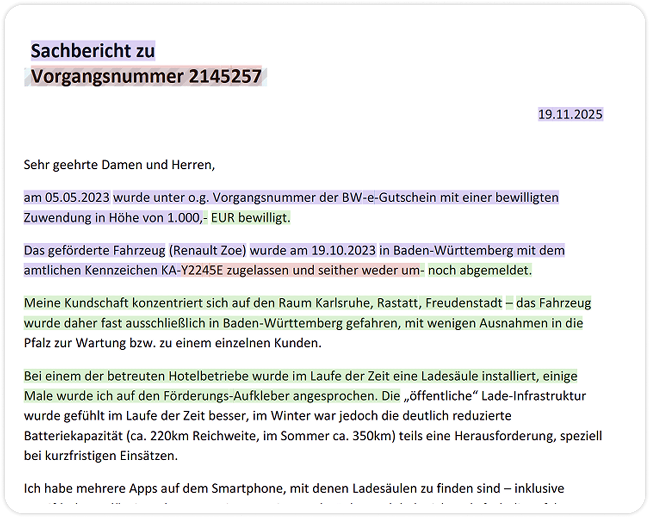 Verwendungsnachweis im Dokumentenviewer mit farblich markierten Textstellen, denen die jeweilige Bewertung zugeordnet ist