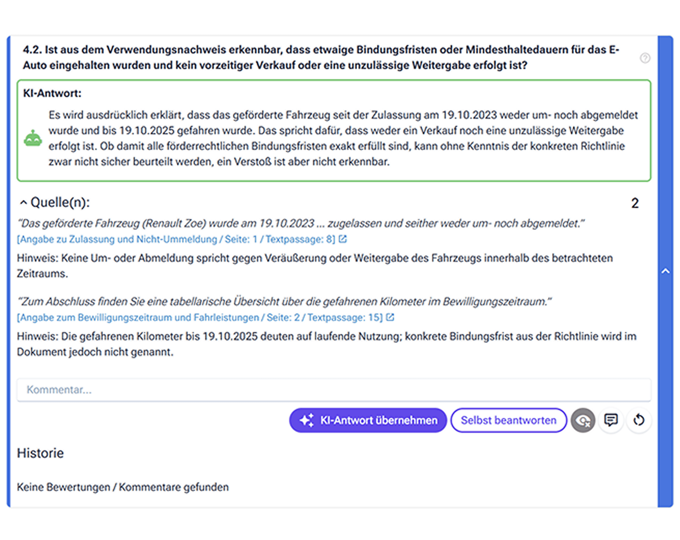 Auswertungsansicht eines Berichts mit Liste der Prüfkriterien und den dazu gefundenen Textstellen aus dem Dokument